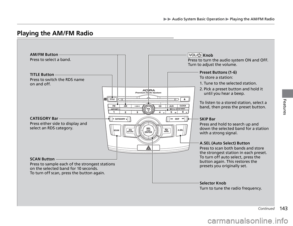 Acura TSX 2011 Owners Manual Audio System Basic Operation
Playing the AM/FM Radio
143
Features
Continued
Playing the AM/FM Radio
AM/FM Button
Press to select a band.
TITLE Button
Press to switch the RDS name
on and off.
CATEG Acura TSX 2011 Owners Manual Audio System Basic Operation
Playing the AM/FM Radio
143
Features
Continued
Playing the AM/FM Radio
AM/FM Button
Press to select a band.
TITLE Button
Press to switch the RDS name
on and off.
CATEG