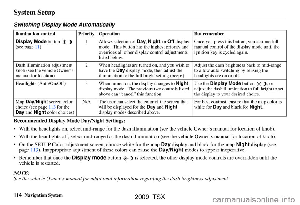 Acura TSX 2009 Navigation Manual 114Navigation System
System Setup
Switching Display Mode AutomaticallyI
Recommended Display Mode Day/Night Settings:
With the headlights on, select mid-rang e for the dash illumination (see the vehi Acura TSX 2009 Navigation Manual 114Navigation System
System Setup
Switching Display Mode AutomaticallyI
Recommended Display Mode Day/Night Settings:
With the headlights on, select mid-rang e for the dash illumination (see the vehi