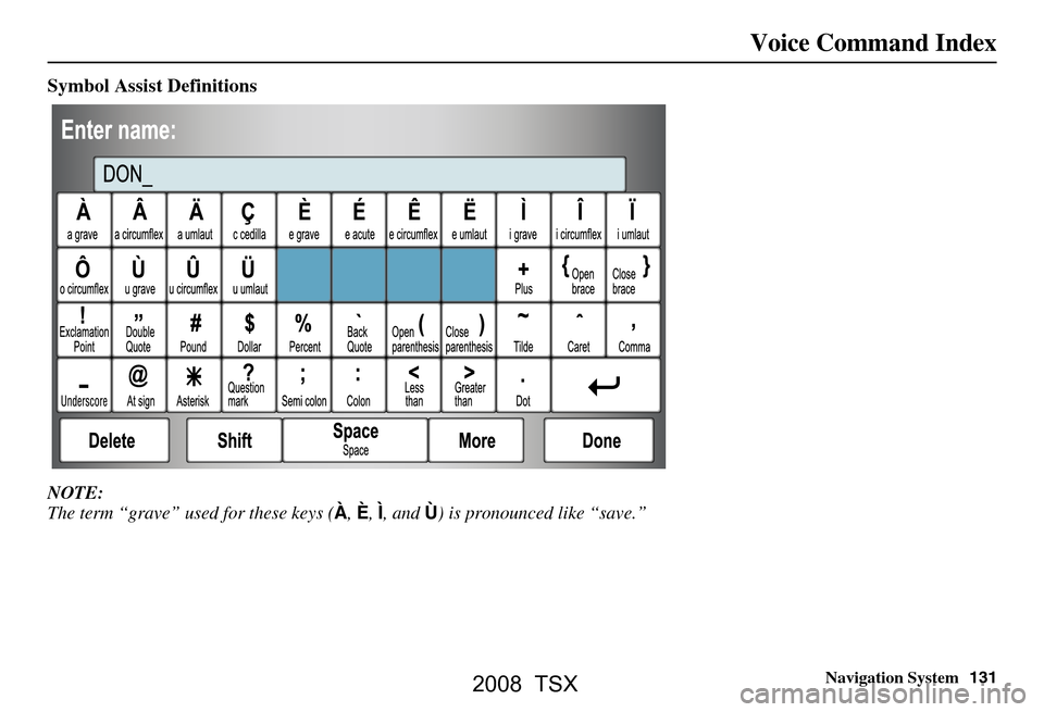 Acura TSX 2008  Navigation Manual Navigation System131
Symbol Assist Definitions
NOTE: 
The term “grave” used for these keys ( À, È , Ì, and  Ù) is pronounced like “save.”
Voice Command Index
 2008  TSX   
