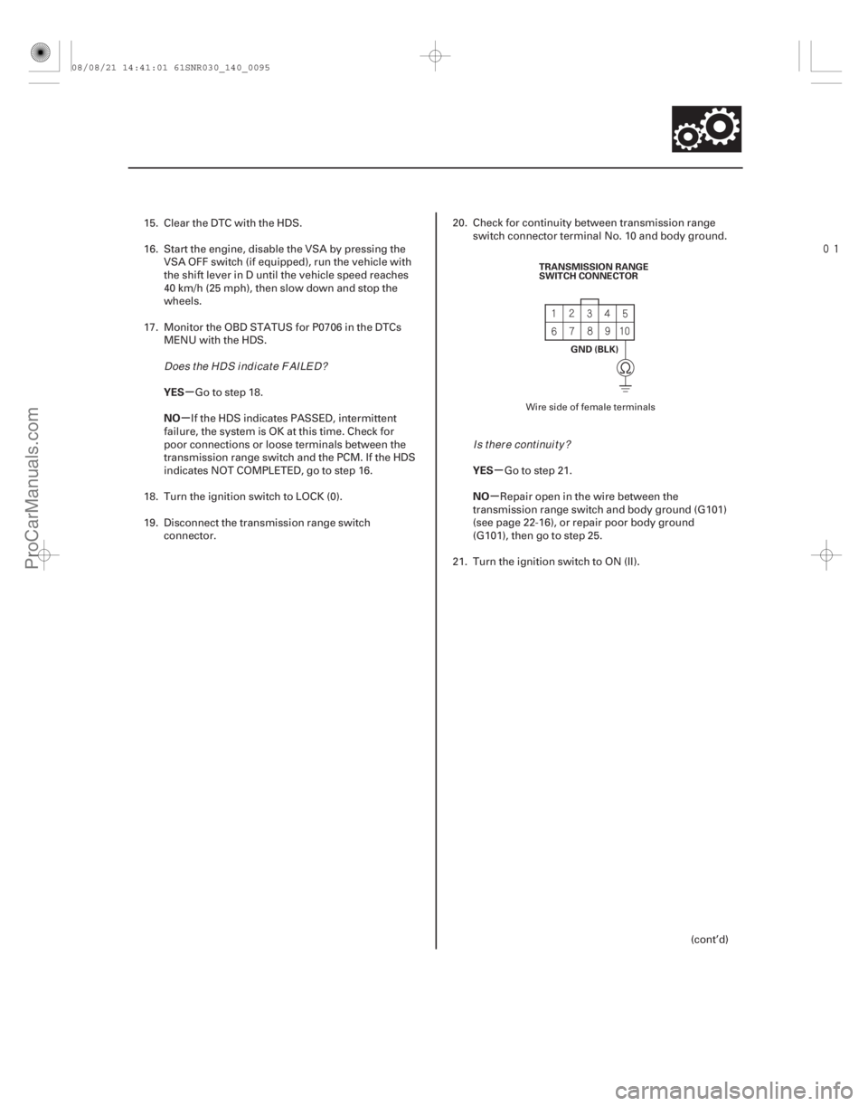 ACURA CSX 2006  Service Repair Manual 
µ
µ
µ
µ
YES
NO
YES
NO
14-93
TRANSMISSION RANGE
SWITCH CONNECTOR
GND (BLK)
15. Clear the DTC with the HDS.
16. Start the engine, disable the VSA by pressing theVSA OFF switch (if equipped)
