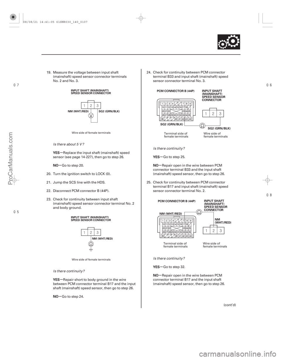 ACURA CSX 2006 Service Repair Manual
µ
µ
µ
µ µ
µ
µ
µ
YES
NO
YES
NO YES
NO
YES
NO
14-105
INPUT SHAFT (MAINSHAFT)
SPEED SENSOR CONNECTOR
NM (WHT/RED) SG2 (GRN/BLK)
INPUT SHAFT (MAINSHAFT)
SPEED SENSOR CON ACURA CSX 2006 Service Repair Manual
µ
µ
µ
µ µ
µ
µ
µ
YES
NO
YES
NO YES
NO
YES
NO
14-105
INPUT SHAFT (MAINSHAFT)
SPEED SENSOR CONNECTOR
NM (WHT/RED) SG2 (GRN/BLK)
INPUT SHAFT (MAINSHAFT)
SPEED SENSOR CON