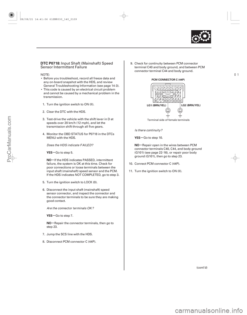 ACURA CSX 2006 Service Repair Manual
(#
)
µ
µ
µ
µ µ
µ
DTC P0718:
YES
NO
YES
NO YES
NO
14-107
PCM CONNECTOR C (44P)
LG2 (BRN/YEL)
LG1 (BRN/YEL)
Input Shaft (Mainshaft) Speed
S ACURA CSX 2006 Service Repair Manual
(#
)
µ
µ
µ
µ µ
µ
DTC P0718:
YES
NO
YES
NO YES
NO
14-107
PCM CONNECTOR C (44P)
LG2 (BRN/YEL)
LG1 (BRN/YEL)
Input Shaft (Mainshaft) Speed
S