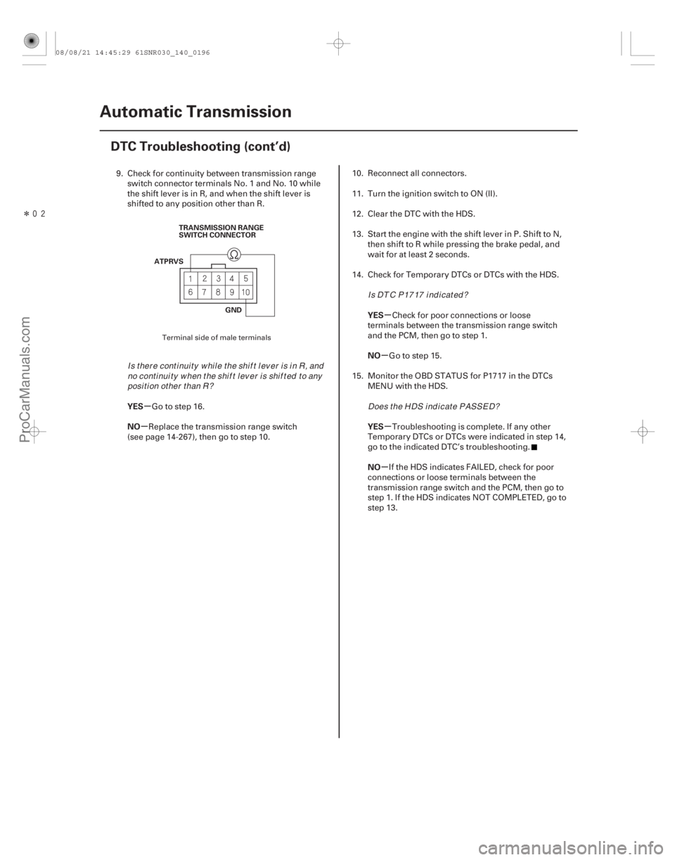 ACURA CSX 2006 Service Repair Manual Î
µ
µ µ
µ
µ
µ
YES
NO YES
NO
YES
NO
14-194Automatic Transmission
DTC Troubleshooting (cont’d)
ATPRVS
TRANSMISSION RANGE
SWITCH CONNECTOR
GND
9. Check for continuity between transmiss ACURA CSX 2006 Service Repair Manual Î
µ
µ µ
µ
µ
µ
YES
NO YES
NO
YES
NO
14-194Automatic Transmission
DTC Troubleshooting (cont’d)
ATPRVS
TRANSMISSION RANGE
SWITCH CONNECTOR
GND
9. Check for continuity between transmiss