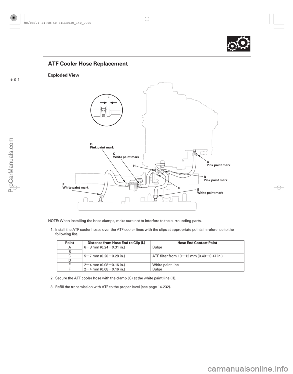 ACURA CSX 2006  Service Repair Manual µµ
µµ µ µ
µµ
µµ
Î
(#



 )
Exploded View
Point Distance from Hose End to Clip (L) Hose End Contact Point
14-253
ATF Cooler Hose Repl