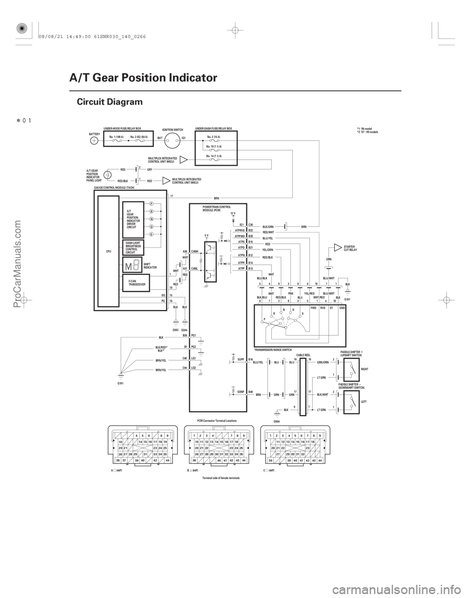 ACURA CSX 2006 Service Repair Manual Î
(#
)
Ó
Ú
Ø ´
µ µ
14-264
A/T Gear Position Indicator
Circuit Diagram
22
36 444342 27 28 30 33 34 35
3225
20 21 22 16 1817
13 14 15
1211 ACURA CSX 2006 Service Repair Manual Î
(#
)
Ó
Ú
Ø ´
µ µ
14-264
A/T Gear Position Indicator
Circuit Diagram
22
36 444342 27 28 30 33 34 35
3225
20 21 22 16 1817
13 14 15
1211