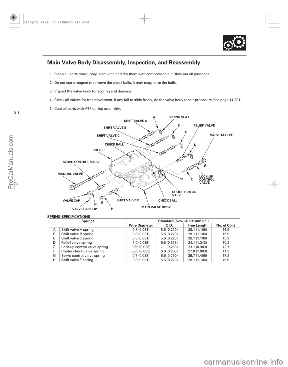 ACURA CSX 2006 Service Repair Manual
(#
")
SPRING SPECIFICATIONS Springs Standard (New)-Unit: mm (in.) Wire Diameter O.D. Free Length No. of Coils
14-303
Main Valve Body Disassembly, Inspe ACURA CSX 2006 Service Repair Manual
(#
")
SPRING SPECIFICATIONS Springs Standard (New)-Unit: mm (in.) Wire Diameter O.D. Free Length No. of Coils
14-303
Main Valve Body Disassembly, Inspe