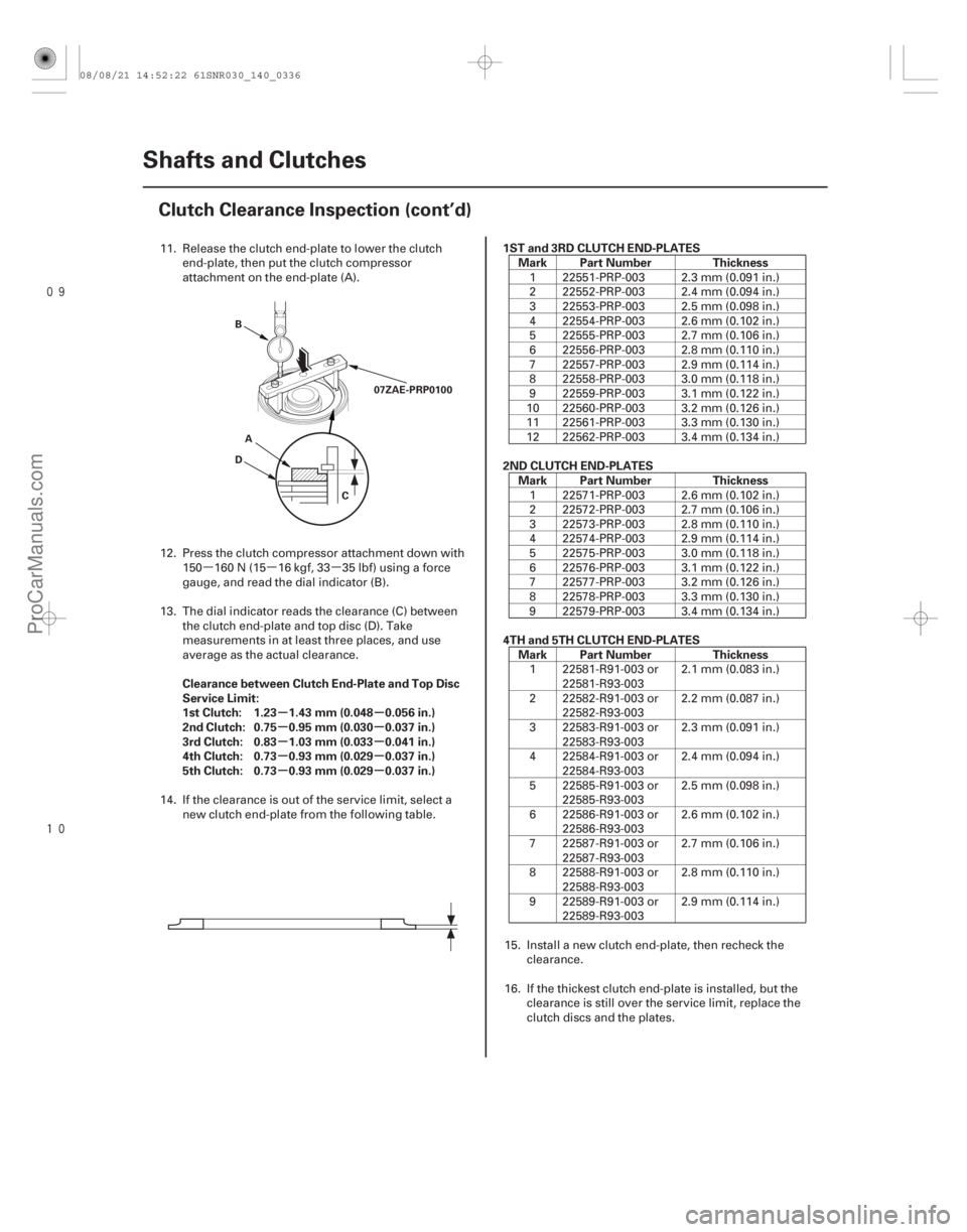 ACURA CSX 2006 Service Repair Manual µµ µ
µµ
µµ
µµ
µµ
µµ
Clearance between Clutch End-Plate and Top Disc
Service Limit:
1st Clutch: 1.23 1.43 mm (0.048 0.056 in.)
2nd Clutch: 0.75 0.95 mm (0.030 0.037 ACURA CSX 2006 Service Repair Manual µµ µ
µµ
µµ
µµ
µµ
µµ
Clearance between Clutch End-Plate and Top Disc
Service Limit:
1st Clutch: 1.23 1.43 mm (0.048 0.056 in.)
2nd Clutch: 0.75 0.95 mm (0.030 0.037