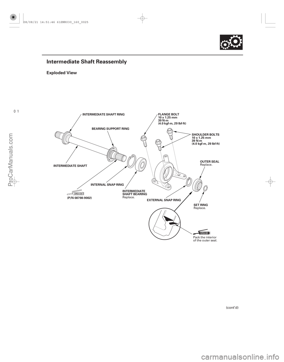 ACURA CSX 2006  Service Repair Manual 
(#
!)
Exploded View
16-25
Intermediate Shaft Reassembly
INTERMEDIATE SHAFT RINGBEARING SUPPORT RING FLANGE BOLT
10x1.25mm
39 N·m
(4.0 kgf·m, 29 lbf·