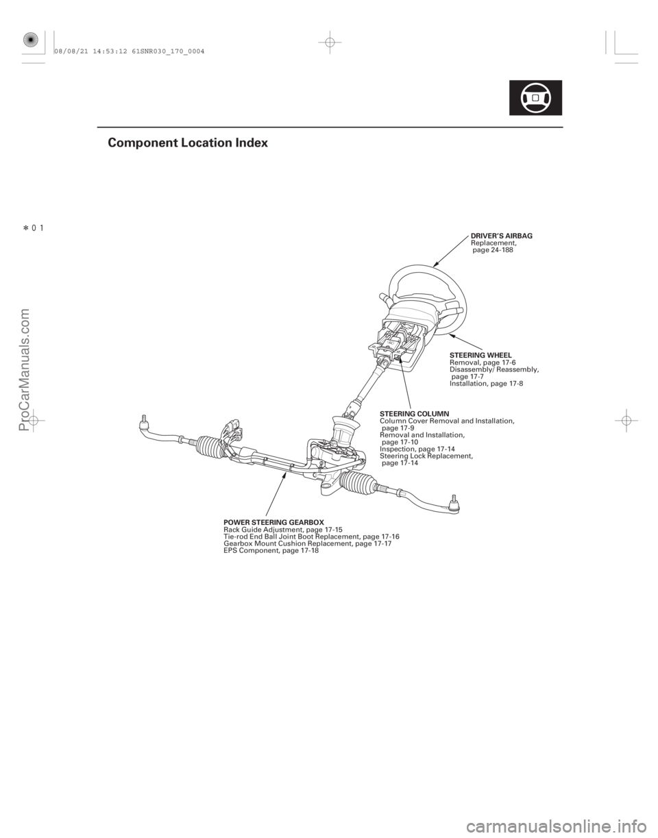 ACURA CSX 2006  Service Repair Manual Î
(#)
17-3
Component Location Index
DRIVER’S AIRBAG
POWER STEERING GEARBOX STEERING COLUMN
STEERING WHEELReplacement,
page 24-188
Rack Guide Adjus