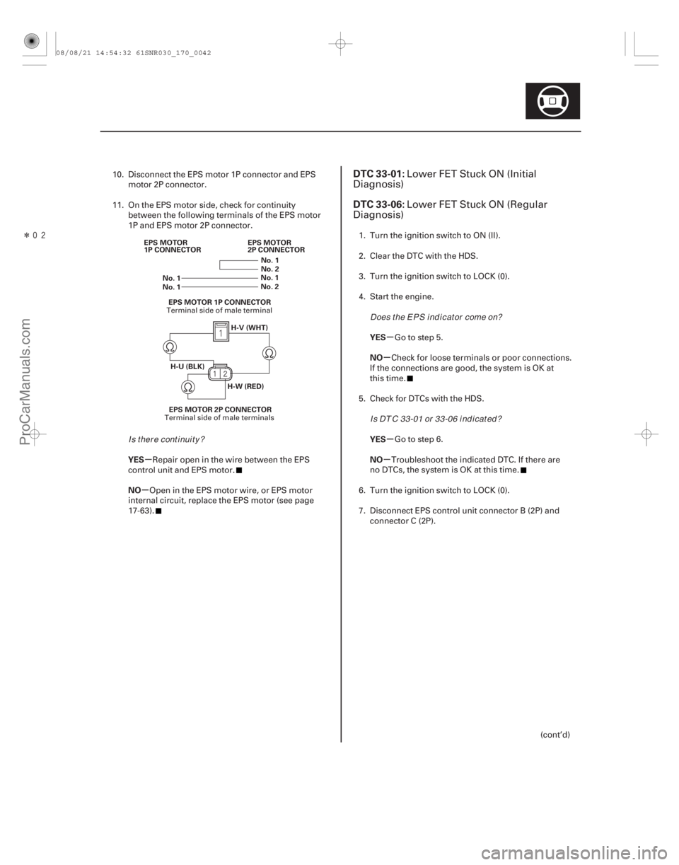ACURA CSX 2006 Service Repair Manual Î
(#
)
µ
µ µ
µ
µ
µ
YES
NO YES
NO
YES
NO
DTC 33-01:
DTC 33-06:
17-4117-41
No. 1
No. 2
No. 1
No. 2
H-W (RED)
H-U (BLK) H-V (WHT)
EPS MOTOR ACURA CSX 2006 Service Repair Manual Î
(#
)
µ
µ µ
µ
µ
µ
YES
NO YES
NO
YES
NO
DTC 33-01:
DTC 33-06:
17-4117-41
No. 1
No. 2
No. 1
No. 2
H-W (RED)
H-U (BLK) H-V (WHT)
EPS MOTOR