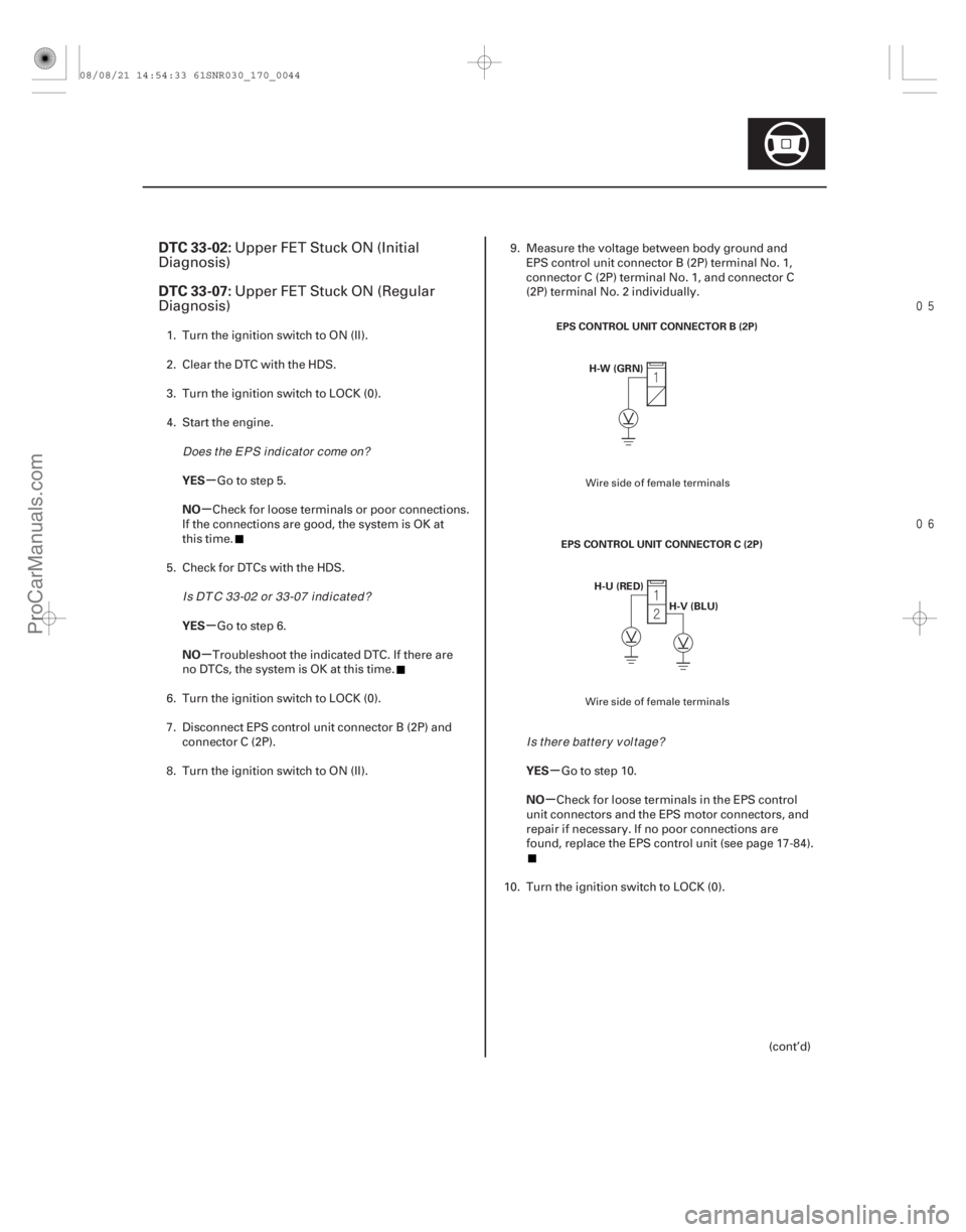 ACURA CSX 2006 Service Repair Manual
(#
)
µ
µ
µ
µ
µ
µ
DTC 33-02:
DTC 33-07:
YES
NO
YES
NO
YES
NO
17-43
EPS CONTROL UNIT CONNECTOR B (2P)H-W (GRN)
EPS CONTROL UNIT CONNEC ACURA CSX 2006 Service Repair Manual
(#
)
µ
µ
µ
µ
µ
µ
DTC 33-02:
DTC 33-07:
YES
NO
YES
NO
YES
NO
17-43
EPS CONTROL UNIT CONNECTOR B (2P)H-W (GRN)
EPS CONTROL UNIT CONNEC