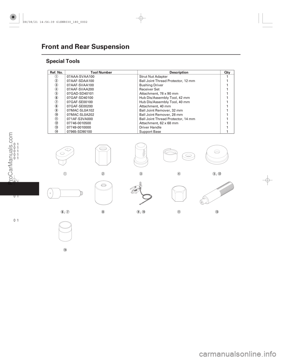 ACURA CSX 2006  Service Repair Manual 










(#

%)Ref. No. Tool Number Description Qty
18-2
Front and Rear Suspension
Special Tools
07AAA-SVAA100
