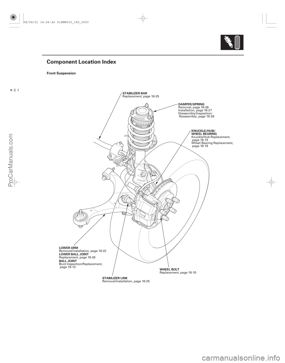 ACURA CSX 2006  Service Repair Manual Î
(#) Front Suspension
18-3
Component Location Index
STABILIZER BAR
LOWER ARM STABILIZER LINK KNUCKLE/HUB/
WHEEL BEARING
DAMPER/SPRING
WHEEL BOLT
BA