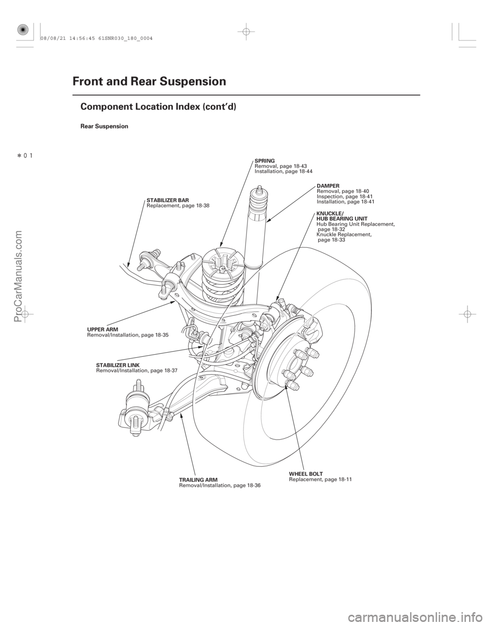 ACURA CSX 2006  Service Repair Manual Î
(#
) Rear Suspension
18-4Front and Rear Suspension
Component Location Index (cont’d)
STABILIZER BAR
TRAILING ARM DAMPER
KNUCKLE/
HUB BEARING UNIT