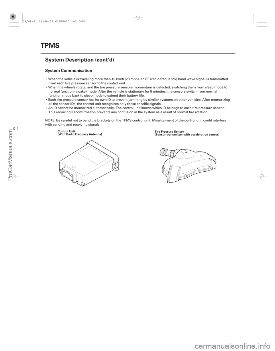 ACURA CSX 2006 Service Repair Manual
System Communication
18-60TPMS
System Description (cont’d)
Control Unit
(With Radio Frequecy Antenna)
Tire Pressure Sensor
(Sensor-transmitter with acceleration sensor)
When the vehicle is tr ACURA CSX 2006 Service Repair Manual
System Communication
18-60TPMS
System Description (cont’d)
Control Unit
(With Radio Frequecy Antenna)
Tire Pressure Sensor
(Sensor-transmitter with acceleration sensor)
When the vehicle is tr