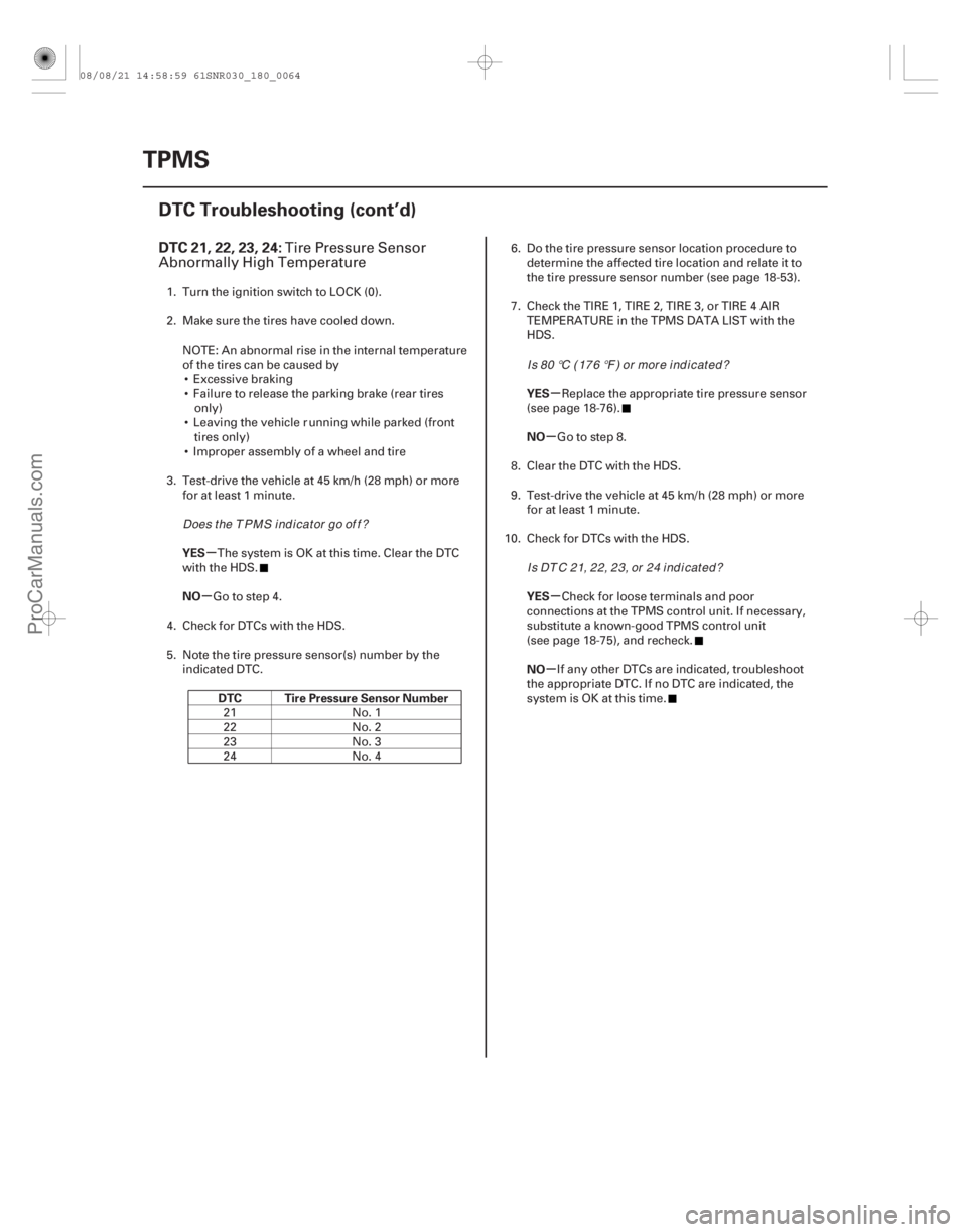 ACURA CSX 2006 Service Repair Manual (#
)
µ
µ µ
µ
µ
µ
DTC 21, 22, 23, 24:
YES
NO
DTC Tire Pressure Sensor Number YES
NO
YES
NO
18-64TPMS
DTC Troubleshooting (cont’d)
Tire Pressu ACURA CSX 2006 Service Repair Manual (#
)
µ
µ µ
µ
µ
µ
DTC 21, 22, 23, 24:
YES
NO
DTC Tire Pressure Sensor Number YES
NO
YES
NO
18-64TPMS
DTC Troubleshooting (cont’d)
Tire Pressu