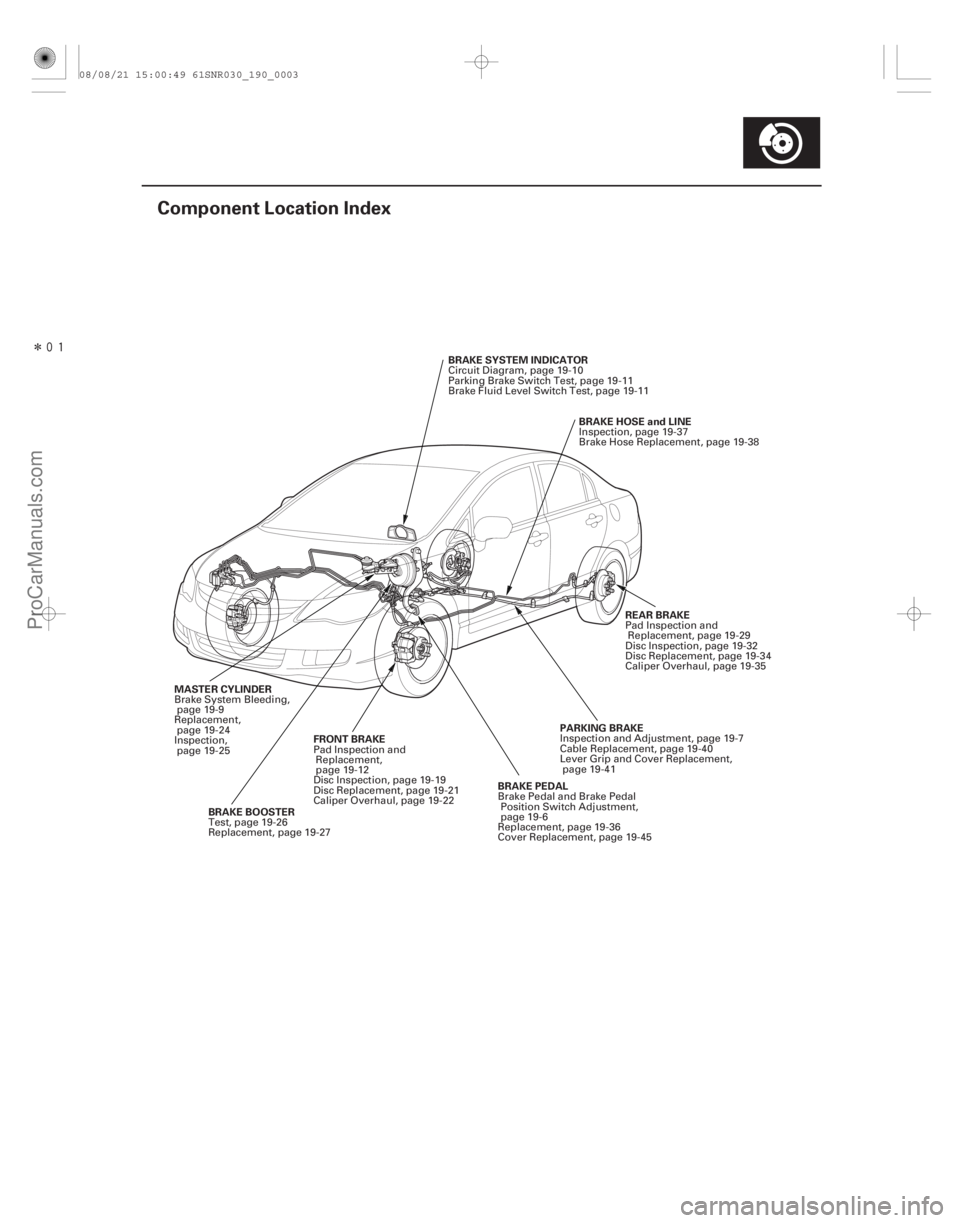 ACURA CSX 2006 Service Repair Manual Î
(#
)
19-3
Component Location Index
BRAKE SYSTEM INDICATOR BRAKE HOSE and LINE
REAR BRAKE
FRONT BRAKE PARKING BRAKE
BRAKE BOOSTER
MASTER CYLINDER
BR ACURA CSX 2006 Service Repair Manual Î
(#
)
19-3
Component Location Index
BRAKE SYSTEM INDICATOR BRAKE HOSE and LINE
REAR BRAKE
FRONT BRAKE PARKING BRAKE
BRAKE BOOSTER
MASTER CYLINDER
BR