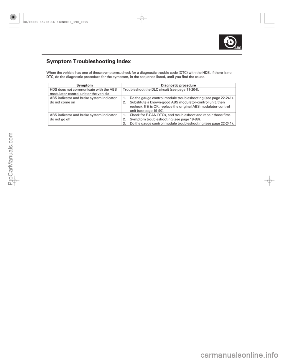 ACURA CSX 2006  Service Repair Manual (#
)
Symptom Diagnostic procedure
19-55
Symptom Troubleshooting Index
When the vehicle has one of these symptoms, check for a diagnostic trouble code (DTC)