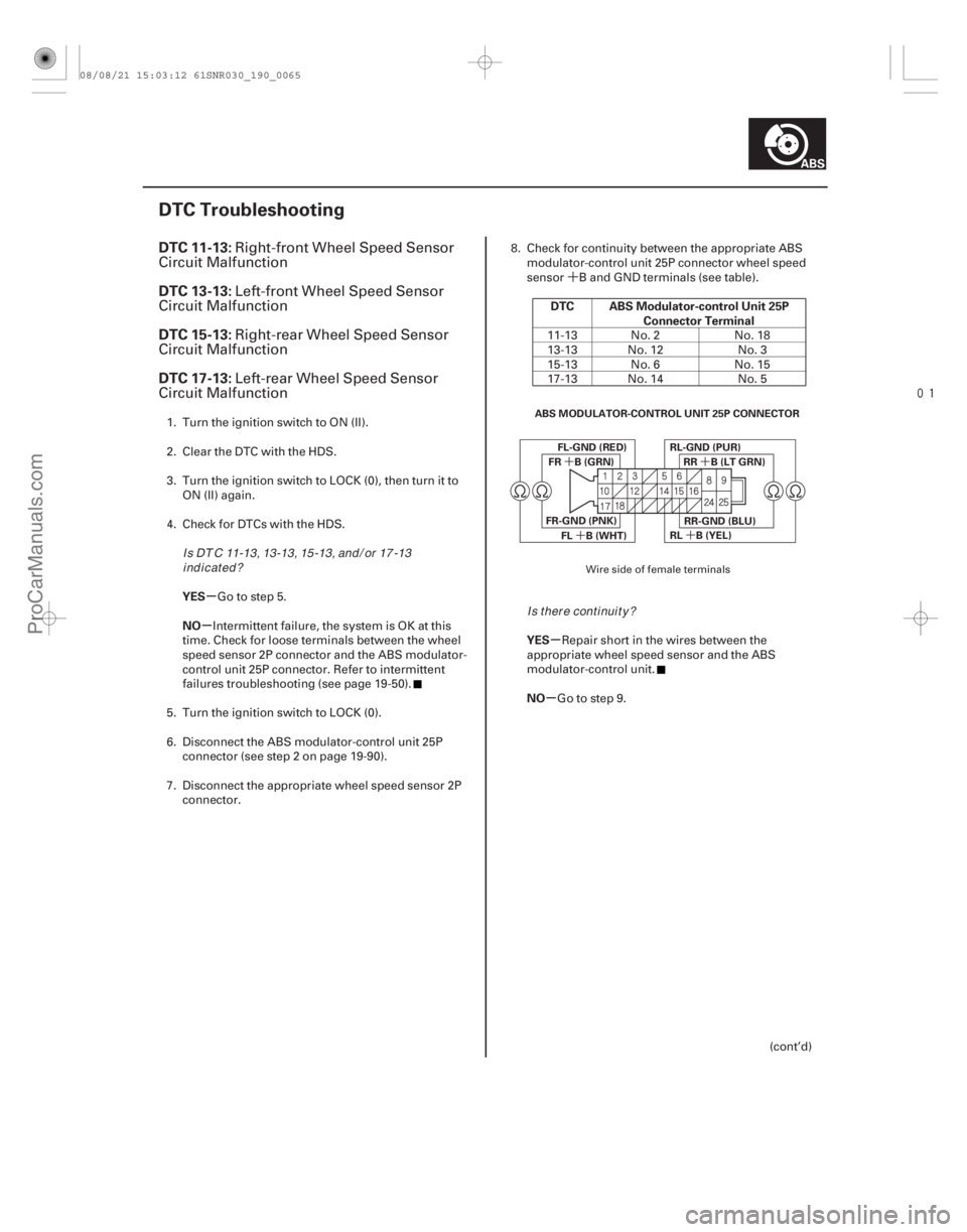 ACURA CSX 2006 Service Repair Manual ´
(#
)
´ ´
´
´
µ
µ µ
µ
DTC 11-13:
DTC 13-13:
DTC 15-13:
DTC 17-13:
YES
NO DTC ABS Modulator-control Unit 25P
Connector Terminal
YES ACURA CSX 2006 Service Repair Manual ´
(#
)
´ ´
´
´
µ
µ µ
µ
DTC 11-13:
DTC 13-13:
DTC 15-13:
DTC 17-13:
YES
NO DTC ABS Modulator-control Unit 25P
Connector Terminal
YES