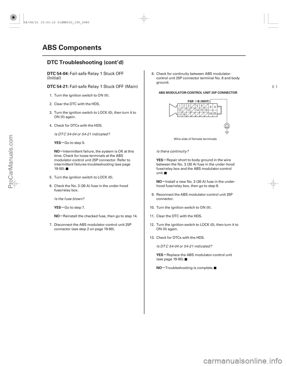 ACURA CSX 2006 Service Repair Manual
(#
)
´
µ
µ
µ
µ µ
µ
µ
µ
DTC 54-04:
DTC 54-21:
YES
NO
YES
NO YES
NO
YES
NO
19-80ABS Components
DTC Troubleshooting (cont’d)
ABS MOD ACURA CSX 2006 Service Repair Manual
(#
)
´
µ
µ
µ
µ µ
µ
µ
µ
DTC 54-04:
DTC 54-21:
YES
NO
YES
NO YES
NO
YES
NO
19-80ABS Components
DTC Troubleshooting (cont’d)
ABS MOD