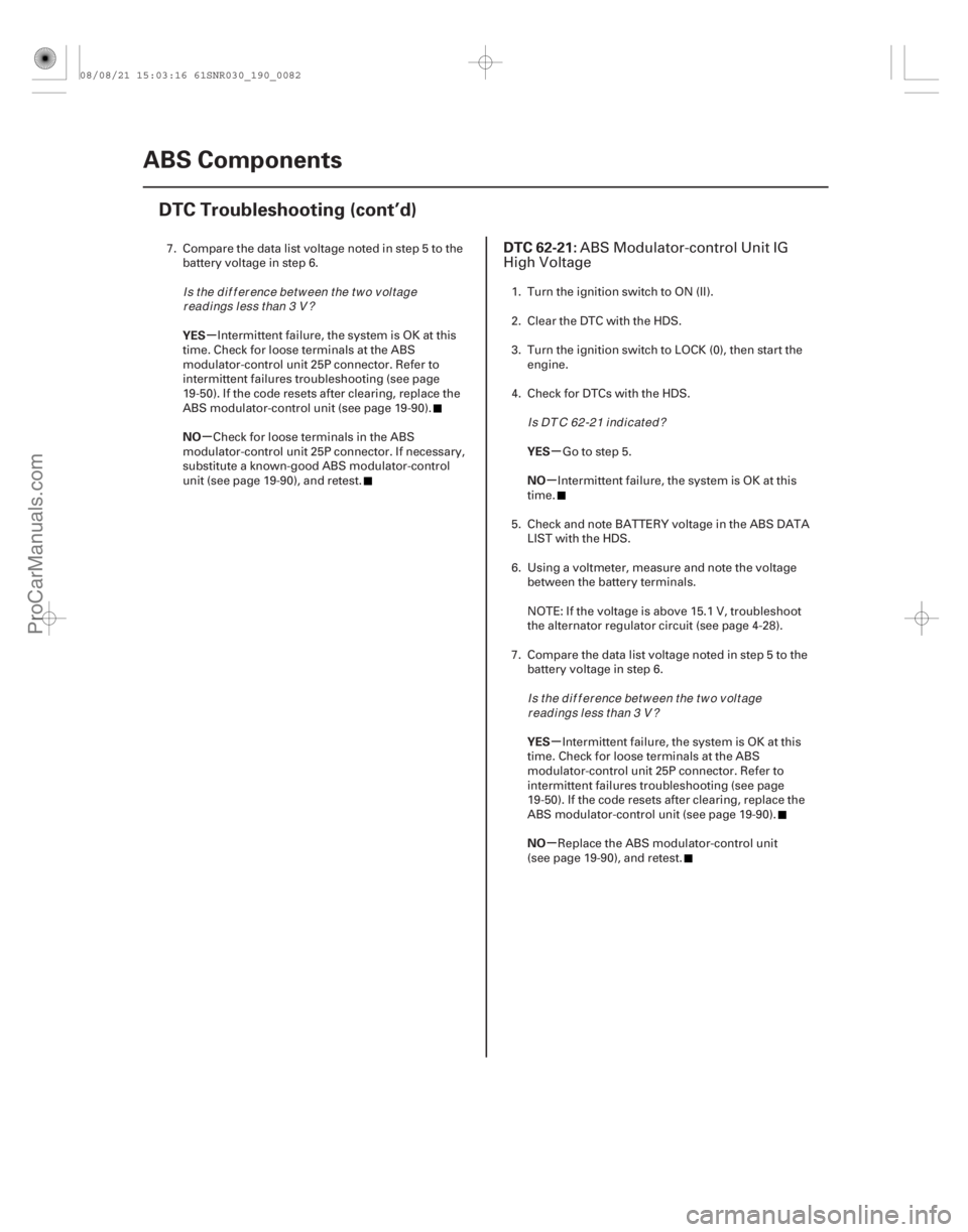 ACURA CSX 2006 Service Repair Manual (#
)
µ
µ µ
µ
µ
µ
YES
NO
YES
NO
YES
NO
DTC 62-21:
19-8219-82ABS Components
DTC Troubleshooting (cont’d)
7. Compare the data list voltage note ACURA CSX 2006 Service Repair Manual (#
)
µ
µ µ
µ
µ
µ
YES
NO
YES
NO
YES
NO
DTC 62-21:
19-8219-82ABS Components
DTC Troubleshooting (cont’d)
7. Compare the data list voltage note