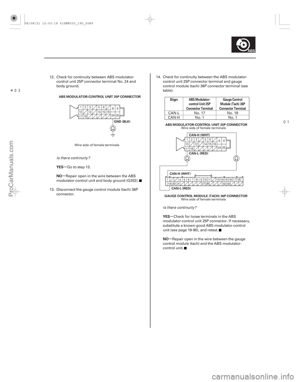 ACURA CSX 2006 Service Repair Manual Î
µ
µ
µ
µ
YES
NO Sign
YES
NO
ABS Modulator-
control Unit 25P
Connector Terminal Gauge Control
Module (Tach) 36P
Connector Terminal
19-89
ABS MODULATOR-CONTROL UNIT 25P CONNECTOR
GND ACURA CSX 2006 Service Repair Manual Î
µ
µ
µ
µ
YES
NO Sign
YES
NO
ABS Modulator-
control Unit 25P
Connector Terminal Gauge Control
Module (Tach) 36P
Connector Terminal
19-89
ABS MODULATOR-CONTROL UNIT 25P CONNECTOR
GND