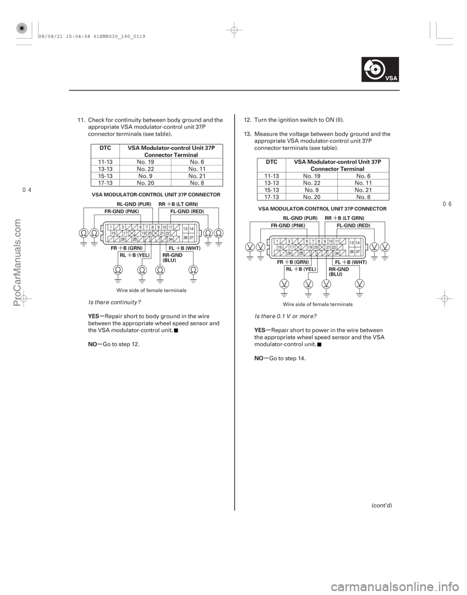 ACURA CSX 2006 Service Repair Manual
´´
´
´
´´
´
´
µ
µ µ
µ
DTC VSA Modulator-control Unit 37P
Connector Terminal
YES
NO DTC VSA Modulator-control Unit 37P
Connector Terminal
YES
NO
19-119
FR B (GRN) RL-GN ACURA CSX 2006 Service Repair Manual
´´
´
´
´´
´
´
µ
µ µ
µ
DTC VSA Modulator-control Unit 37P
Connector Terminal
YES
NO DTC VSA Modulator-control Unit 37P
Connector Terminal
YES
NO
19-119
FR B (GRN) RL-GN