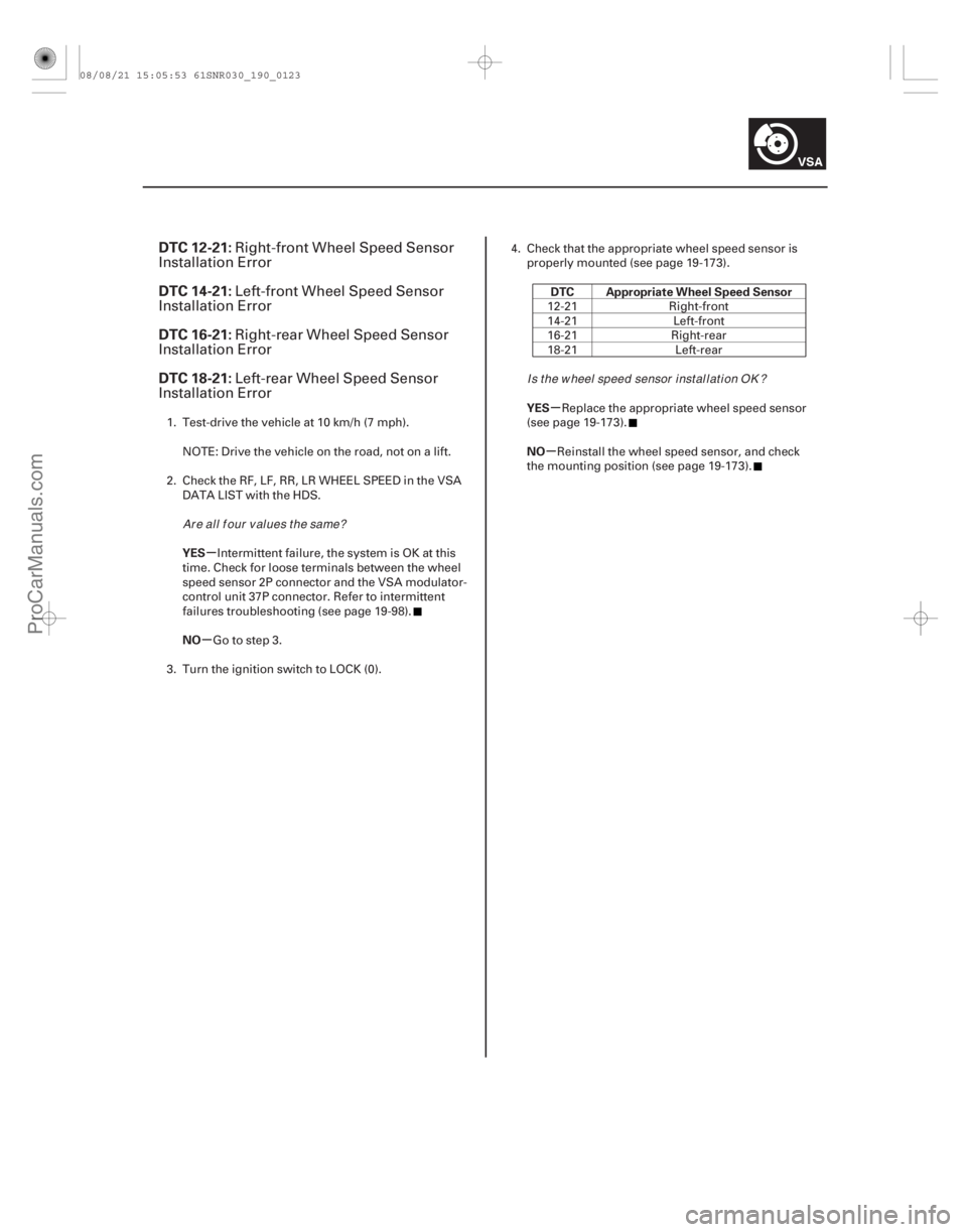 ACURA CSX 2006 Service Repair Manual (#
)
µ
µ µ
µ
DTC 12-21:
DTC 14-21:
DTC 16-21:
DTC 18-21:
YES
NO DTC Appropriate Wheel Speed Sensor
YES
NO
19-123
Right-front Wheel Speed Sensor
In ACURA CSX 2006 Service Repair Manual (#
)
µ
µ µ
µ
DTC 12-21:
DTC 14-21:
DTC 16-21:
DTC 18-21:
YES
NO DTC Appropriate Wheel Speed Sensor
YES
NO
19-123
Right-front Wheel Speed Sensor
In