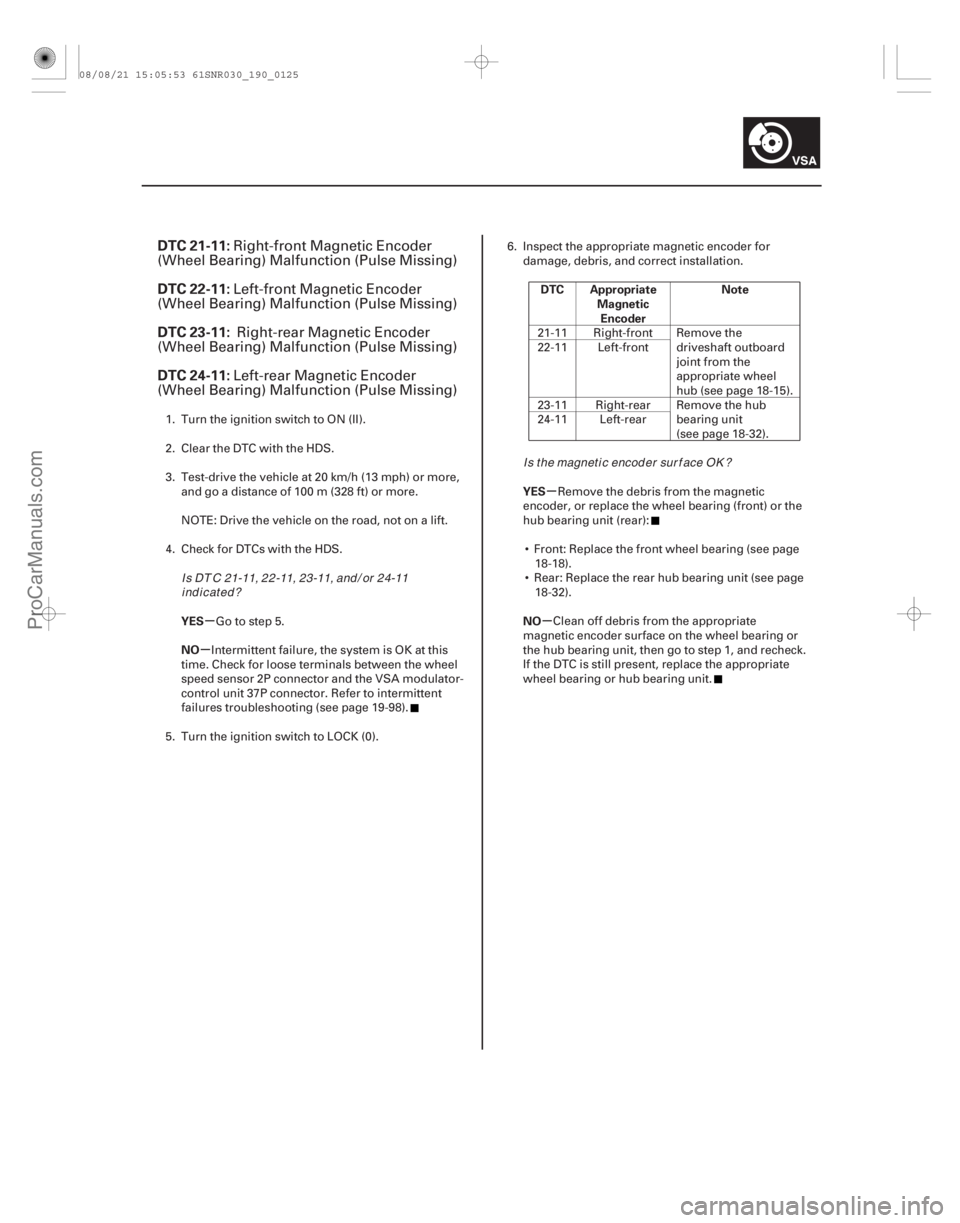ACURA CSX 2006 Service Repair Manual (#
)
µ
µ µ
µ
DTC 21-11:
DTC 22-11:
DTC 23-11:
DTC 24-11:
YES
NO DTC Appropriate
MagneticEncoder Note
YES
NO
19-125
Right-front Magnetic Encoder
(W ACURA CSX 2006 Service Repair Manual (#
)
µ
µ µ
µ
DTC 21-11:
DTC 22-11:
DTC 23-11:
DTC 24-11:
YES
NO DTC Appropriate
MagneticEncoder Note
YES
NO
19-125
Right-front Magnetic Encoder
(W