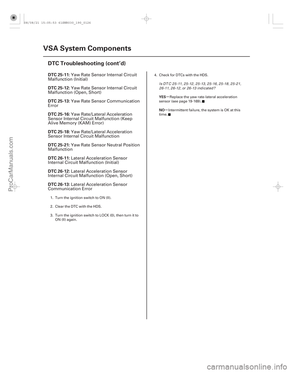 ACURA CSX 2006 Service Repair Manual (#
)
µ
µ
DTC 25-11:
DTC 25-12:
DTC 25-13:
DTC 25-16:
DTC 25-18:
DTC 25-21:
DTC 26-11:
DTC 26-12:
DTC 26-13:
YES
NO
19-126 VSA System Components
DTC Tro ACURA CSX 2006 Service Repair Manual (#
)
µ
µ
DTC 25-11:
DTC 25-12:
DTC 25-13:
DTC 25-16:
DTC 25-18:
DTC 25-21:
DTC 26-11:
DTC 26-12:
DTC 26-13:
YES
NO
19-126 VSA System Components
DTC Tro