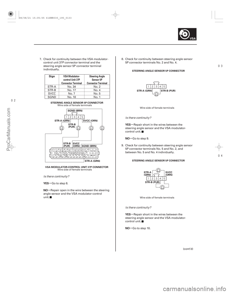 ACURA CSX 2006 Service Repair Manual
µ
µ µ
µ
µ
µ
Sign
YES
NO YES
NO
YES
NO
VSA Modulator-
control Unit 37P
Connector Terminal Steering Angle
Sensor 5P
Connector Terminal
19-133
VSA MODULATOR-CONTROL UNIT 37P CON ACURA CSX 2006 Service Repair Manual
µ
µ µ
µ
µ
µ
Sign
YES
NO YES
NO
YES
NO
VSA Modulator-
control Unit 37P
Connector Terminal Steering Angle
Sensor 5P
Connector Terminal
19-133
VSA MODULATOR-CONTROL UNIT 37P CON