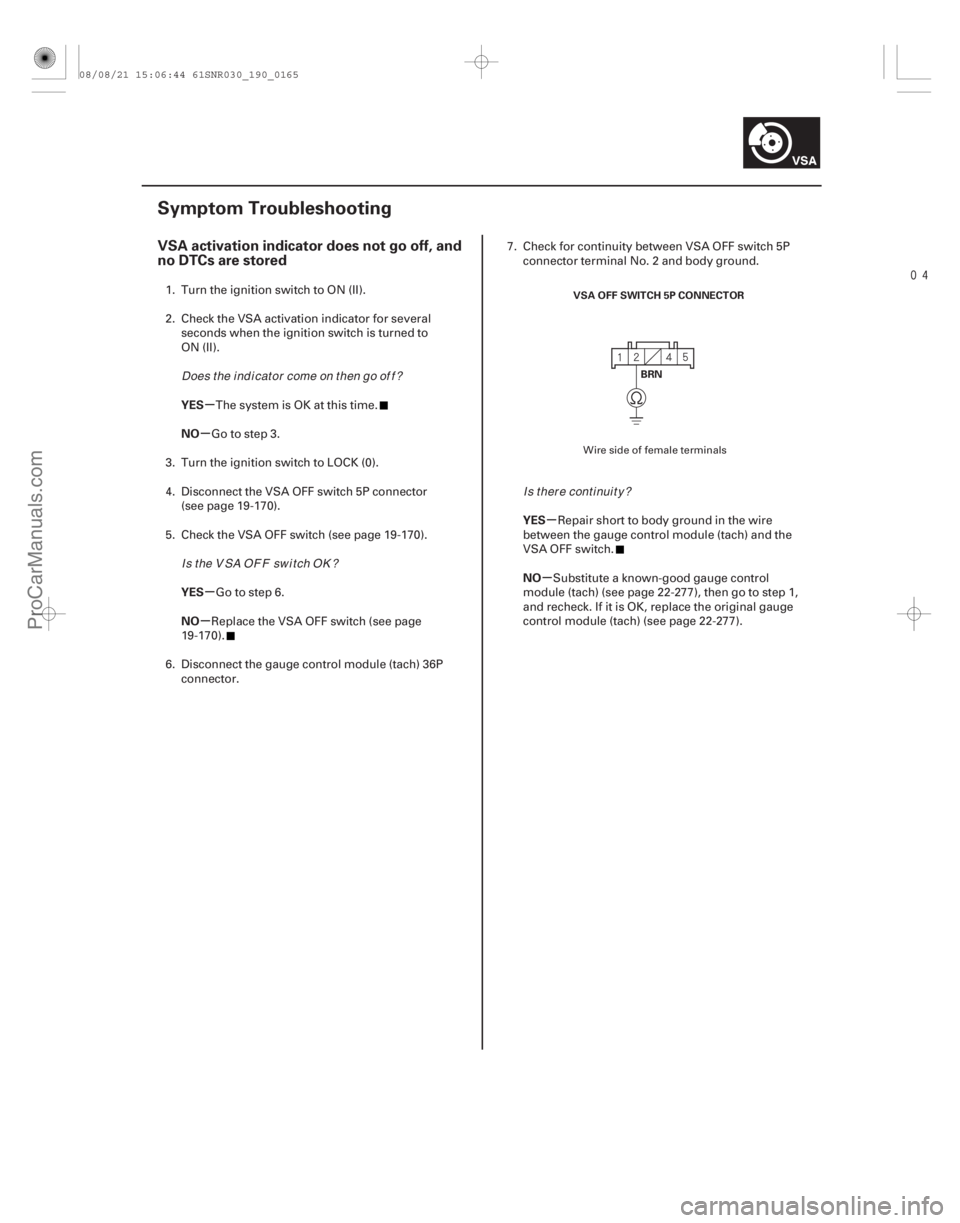 ACURA CSX 2006 Service Repair Manual
(#
)
µ
µ
µ
µ µ
µ
VSA activation indicator does not go off, and
no DTCs are stored
YES
NO
YES
NO YES
NO
19-165
Symptom Troubleshooting
VSA ACURA CSX 2006 Service Repair Manual
(#
)
µ
µ
µ
µ µ
µ
VSA activation indicator does not go off, and
no DTCs are stored
YES
NO
YES
NO YES
NO
19-165
Symptom Troubleshooting
VSA