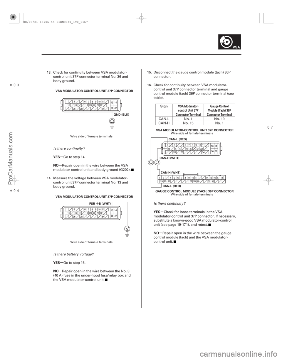 ACURA CSX 2006 Service Repair Manual Î
Î
´
µ
µ
µ
µ µ
µ
YES
NO
YES
NO Sign
YES
NO
VSA Modulator- control Unit 37P
Connector Terminal Gauge Control
Module (Tach) 36P
Connector Terminal
19-167
VSA MODULATOR-CON ACURA CSX 2006 Service Repair Manual Î
Î
´
µ
µ
µ
µ µ
µ
YES
NO
YES
NO Sign
YES
NO
VSA Modulator- control Unit 37P
Connector Terminal Gauge Control
Module (Tach) 36P
Connector Terminal
19-167
VSA MODULATOR-CON
