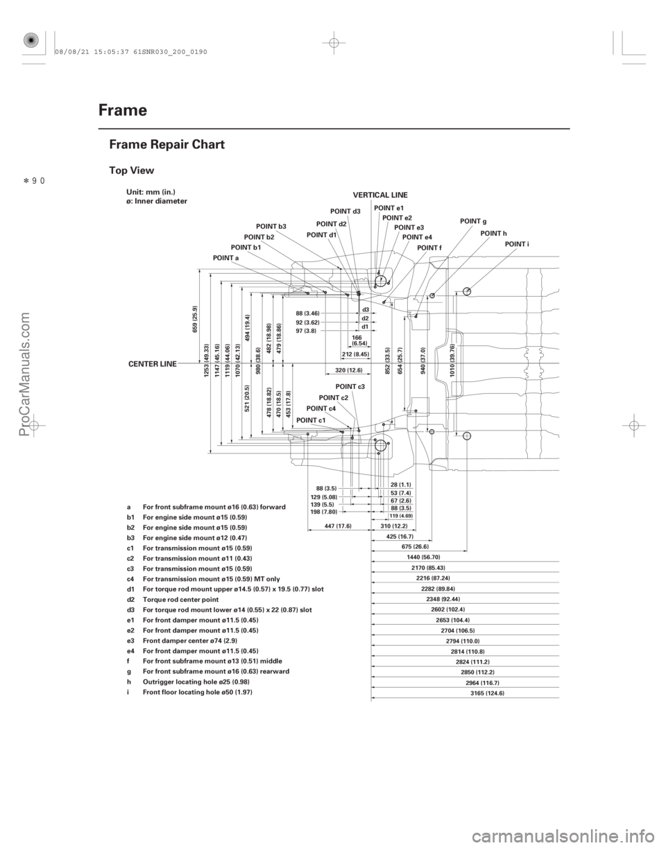 ACURA CSX 2006 Service Repair Manual Î
(#
!)
Top View
20-188Frame
Frame Repair Chart
453 (17.8)
659 (25.9)
1253 (49.33)
1147 (45.16)
1119 (44.06)
1070 (42.13)
521 (20.5) 494 (19.4)
980 (3 ACURA CSX 2006 Service Repair Manual Î
(#
!)
Top View
20-188Frame
Frame Repair Chart
453 (17.8)
659 (25.9)
1253 (49.33)
1147 (45.16)
1119 (44.06)
1070 (42.13)
521 (20.5) 494 (19.4)
980 (3