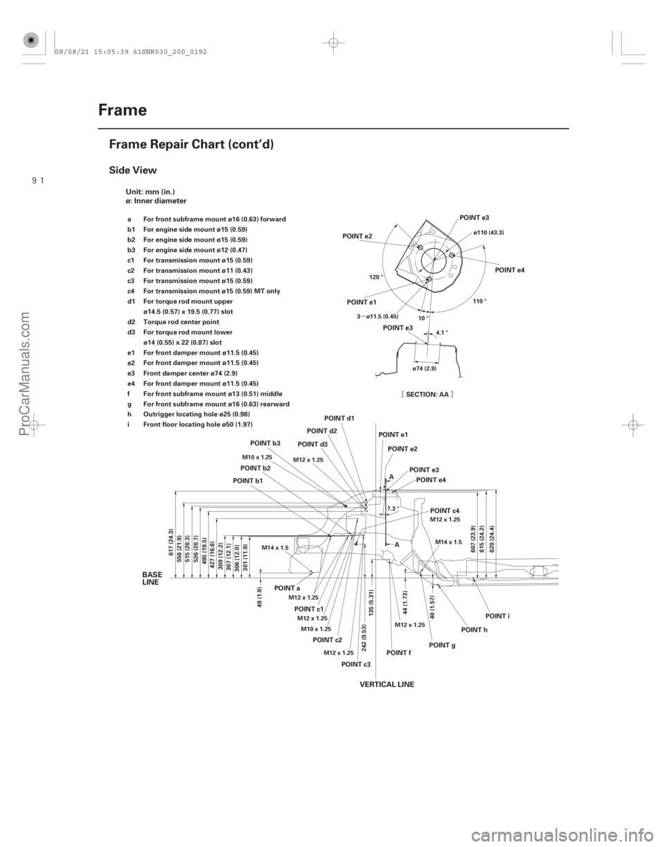 ACURA CSX 2006 Service Repair Manual
¦§
µ
Side View
20-190Frame
Frame Repair Chart (cont’d)
242 (9.53)
617 (24.3)
515 (20.3)
427 (16.8)
309 (12.2)
307 (12.1)
306 (12.0) 301 (11.9)
49 (1.9)
135 (5.31) 44 (1.73)
40 (1.57)
607 ACURA CSX 2006 Service Repair Manual
¦§
µ
Side View
20-190Frame
Frame Repair Chart (cont’d)
242 (9.53)
617 (24.3)
515 (20.3)
427 (16.8)
309 (12.2)
307 (12.1)
306 (12.0) 301 (11.9)
49 (1.9)
135 (5.31) 44 (1.73)
40 (1.57)
607