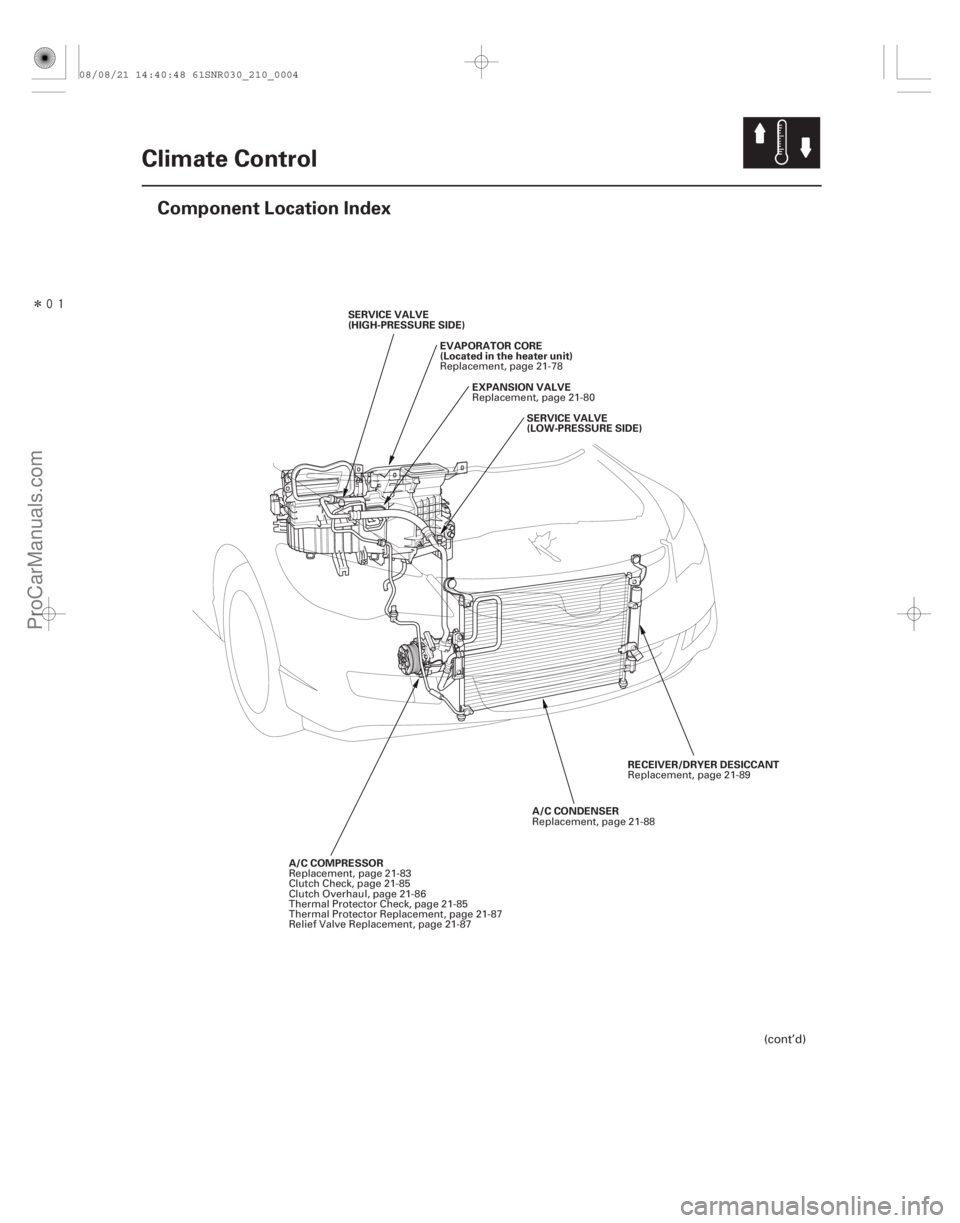 ACURA CSX 2006  Service Repair Manual Î
(#
)
21-3
Climate Control
Component Location Index
SERVICE VALVE
(HIGH-PRESSURE SIDE)
A/C COMPRESSOR RECEIVER/DRYER DESICCANT
A/C CONDENSER
SERVICE