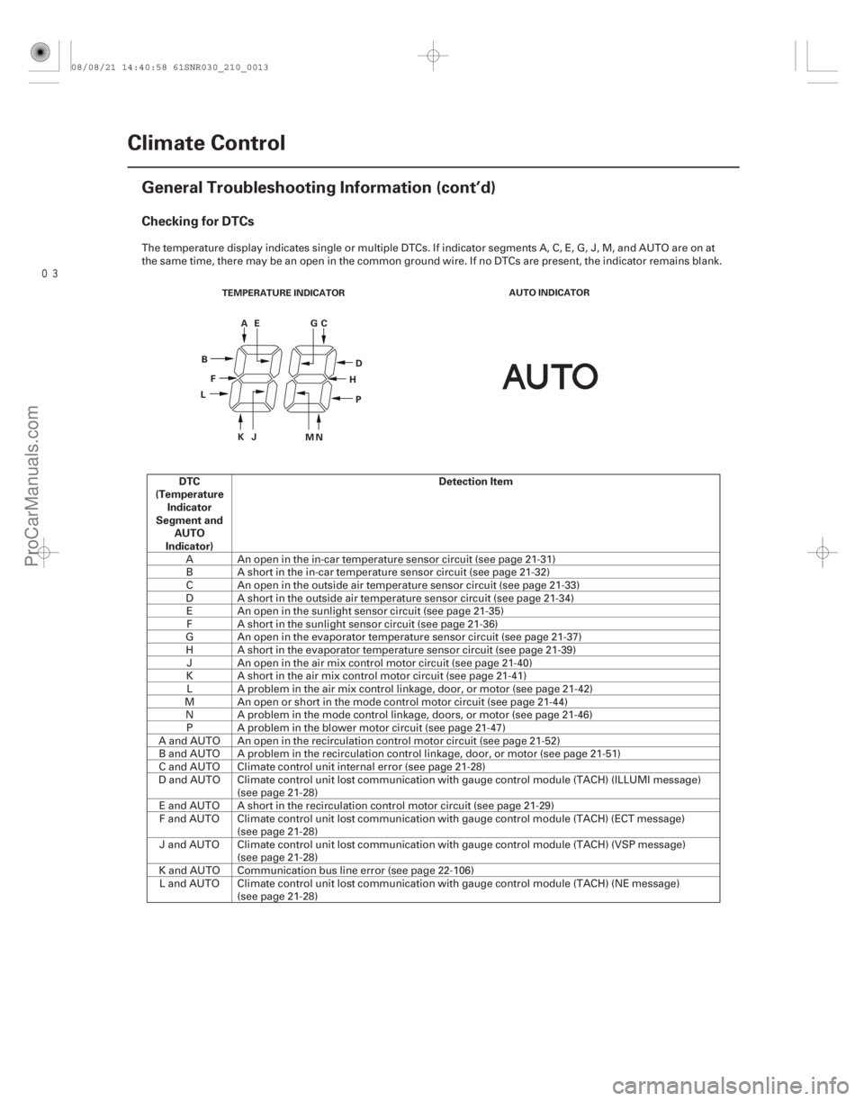 ACURA CSX 2006 Service Repair Manual
Checking for DTCs
DTC
(Temperature Indicator
Segment and AUTO
Indicator) Detection Item
21-12Climate Control
General Troubleshooting Information (cont’d)
AUTO INDICATOR
NM
TEMPERATURE INDICATOR ACURA CSX 2006 Service Repair Manual
Checking for DTCs
DTC
(Temperature Indicator
Segment and AUTO
Indicator) Detection Item
21-12Climate Control
General Troubleshooting Information (cont’d)
AUTO INDICATOR
NM
TEMPERATURE INDICATOR
