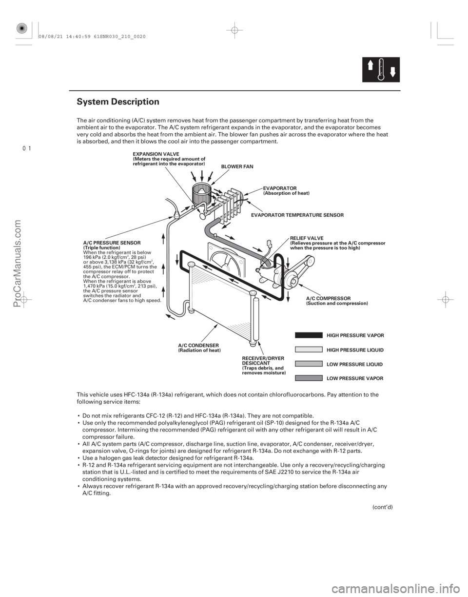 ACURA CSX 2006 Service Repair Manual
(#
)
21-19
System Description
EXPANSION VALVE
(Meters the required amount of
refrigerant into the evaporator) RECEIVER/DRYER
DESICCANT
(Traps debris, ACURA CSX 2006 Service Repair Manual
(#
)
21-19
System Description
EXPANSION VALVE
(Meters the required amount of
refrigerant into the evaporator) RECEIVER/DRYER
DESICCANT
(Traps debris,