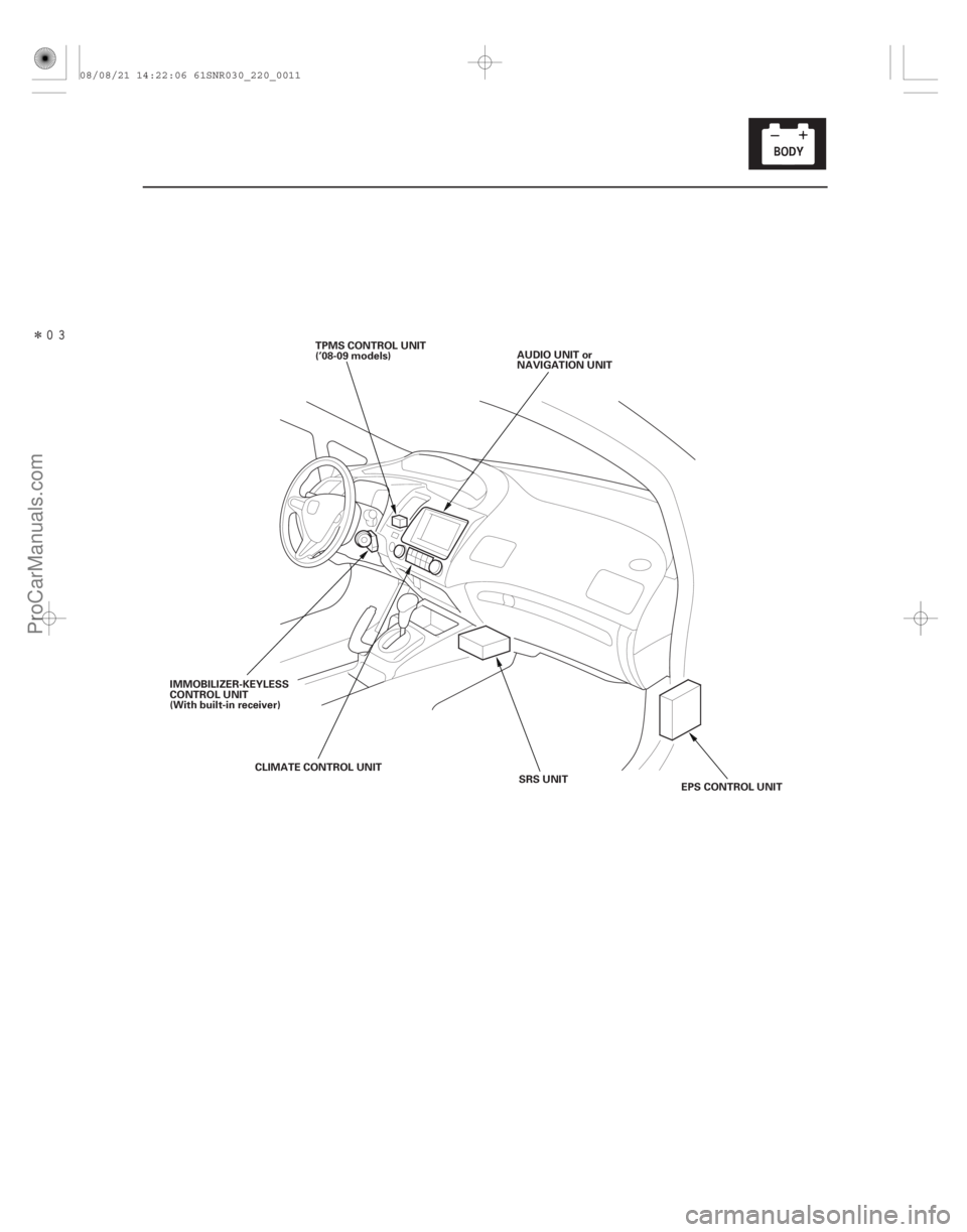 ACURA CSX 2006  Service Repair Manual Î
22-9
SRS UNIT
CLIMATE CONTROL UNIT
IMMOBILIZER-KEYLESS
CONTROL UNIT
(With built-in receiver)
EPS CONTROL UNIT
AUDIO UNIT or
NAVIGATION UNIT
TPMS CONTROL UNIT
(’08-09 models)
08/08/21 14:22:0
