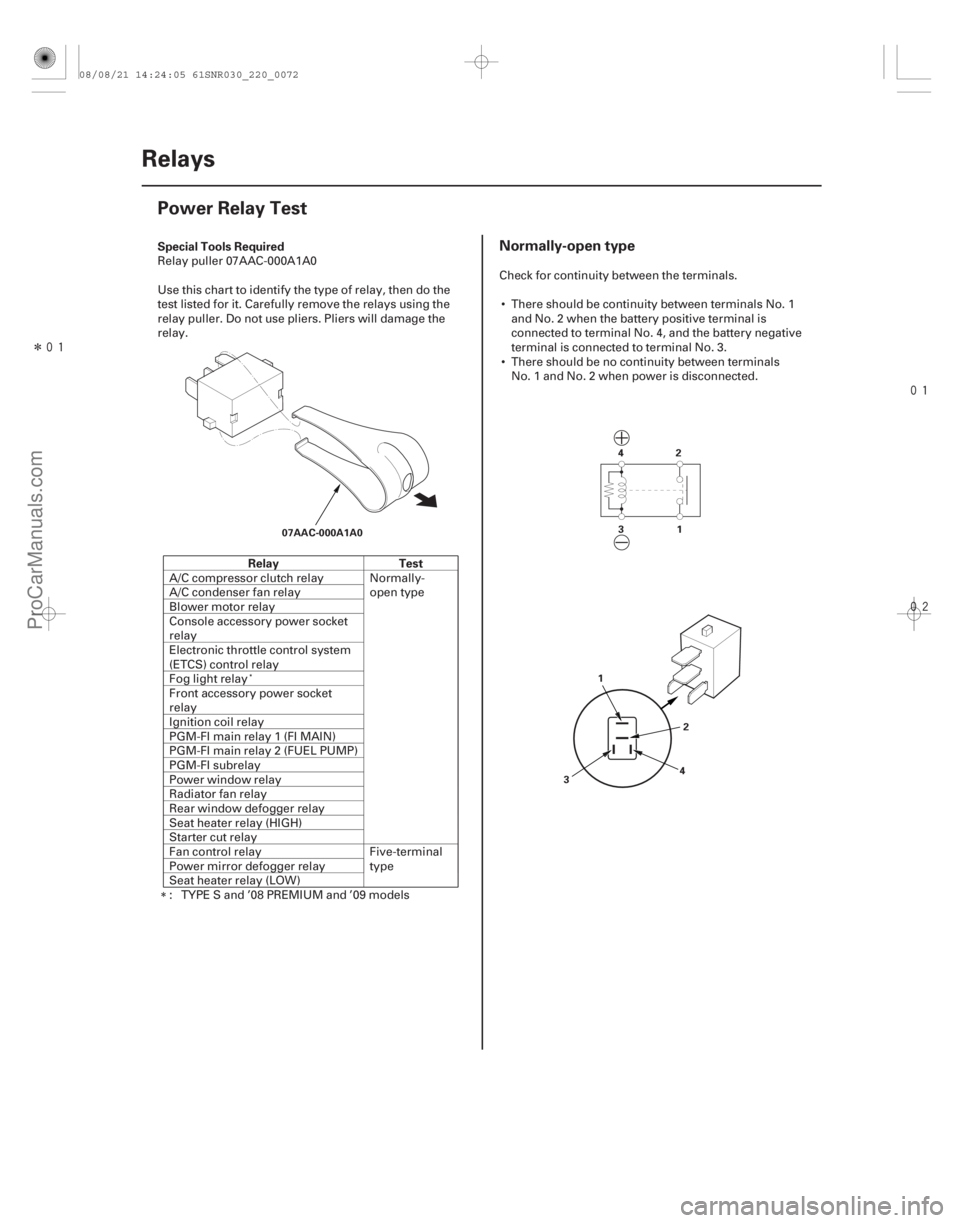 ACURA CSX 2006  Service Repair Manual Î


(#

)
Special Tools Required
Relay Test
Normally-open type
22-70Relays
Power Relay Test
07AAC-000A1A0
31
42
3 42
1
Relay puller 07AAC-000A