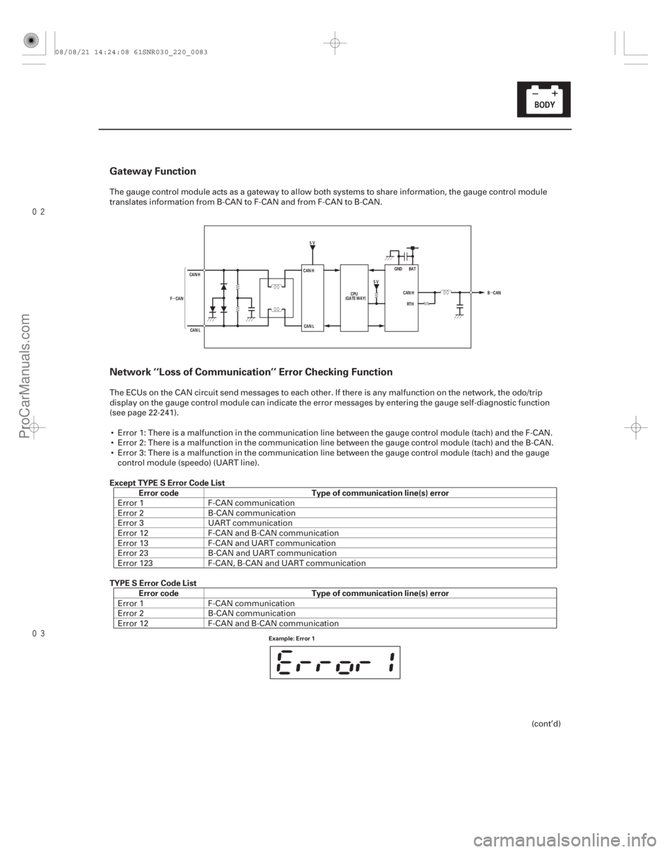 ACURA CSX 2006 Service Repair Manual
µµ
Gateway Function
Network ‘‘Loss of Communication’’ Error Checking Function
Except TYPE S Error Code List
Error code Type of communication line(s) error
TYPE S Error Code List ACURA CSX 2006 Service Repair Manual
µµ
Gateway Function
Network ‘‘Loss of Communication’’ Error Checking Function
Except TYPE S Error Code List
Error code Type of communication line(s) error
TYPE S Error Code List