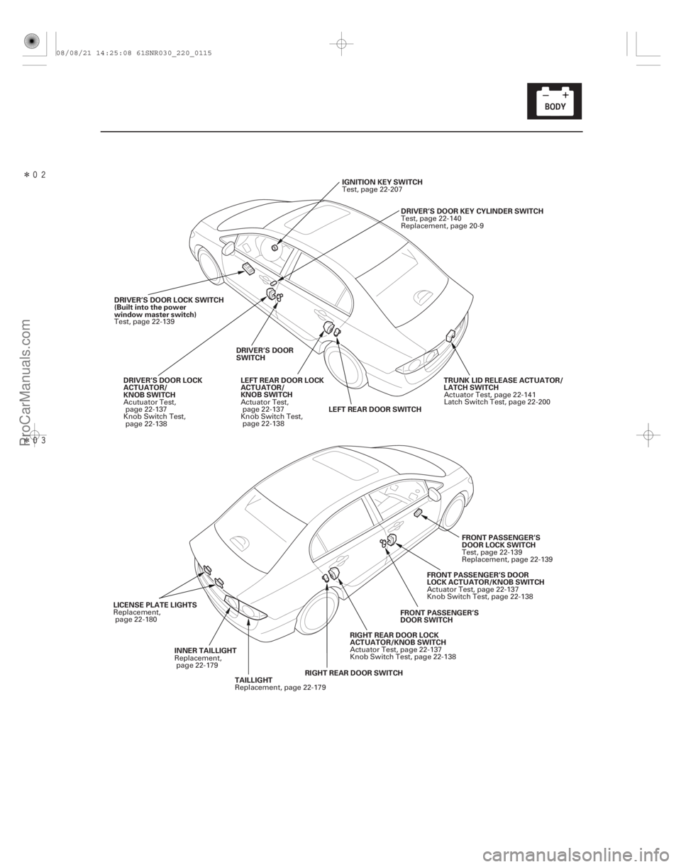 ACURA CSX 2006 Service Repair Manual Î
Î
22-113
LEFT REAR DOOR LOCK
ACTUATOR/
KNOB SWITCHDRIVER’S DOOR KEY CYLINDER SWITCH
DRIVER’S DOOR LOCK SWITCH
(Built into the power
window master switch) DRIVER’S DOOR LOCK
ACTUATO ACURA CSX 2006 Service Repair Manual Î
Î
22-113
LEFT REAR DOOR LOCK
ACTUATOR/
KNOB SWITCHDRIVER’S DOOR KEY CYLINDER SWITCH
DRIVER’S DOOR LOCK SWITCH
(Built into the power
window master switch) DRIVER’S DOOR LOCK
ACTUATO