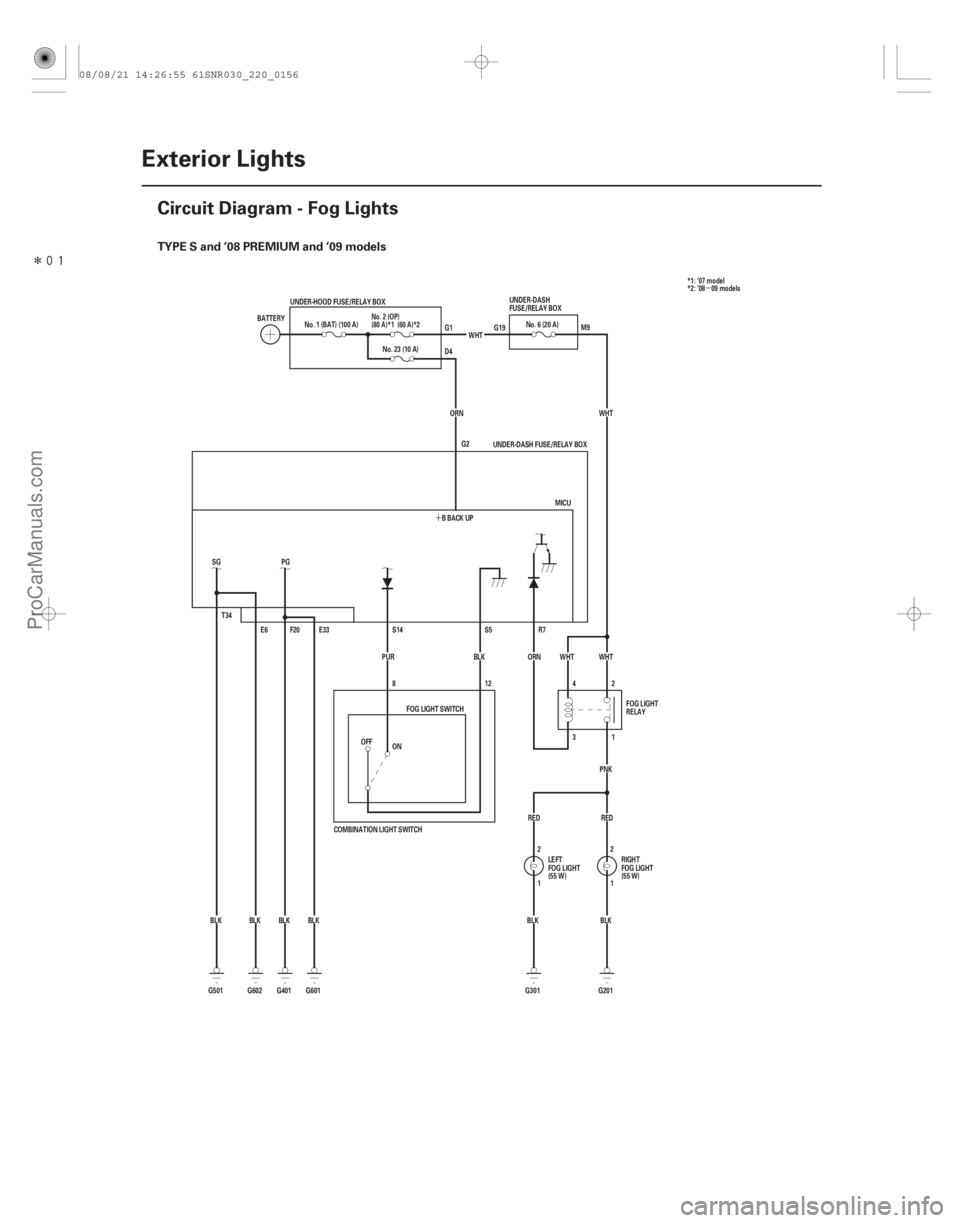 ACURA CSX 2006  Service Repair Manual Î
(#

)
´
µ
TYPE S and ’08 PREMIUM and ’09 models
22-154Exterior Lights
Circuit Diagram - Fog Lights
E33
BLK
BLK PG
F20
E6
T34
SG
BLK BLK BBAC