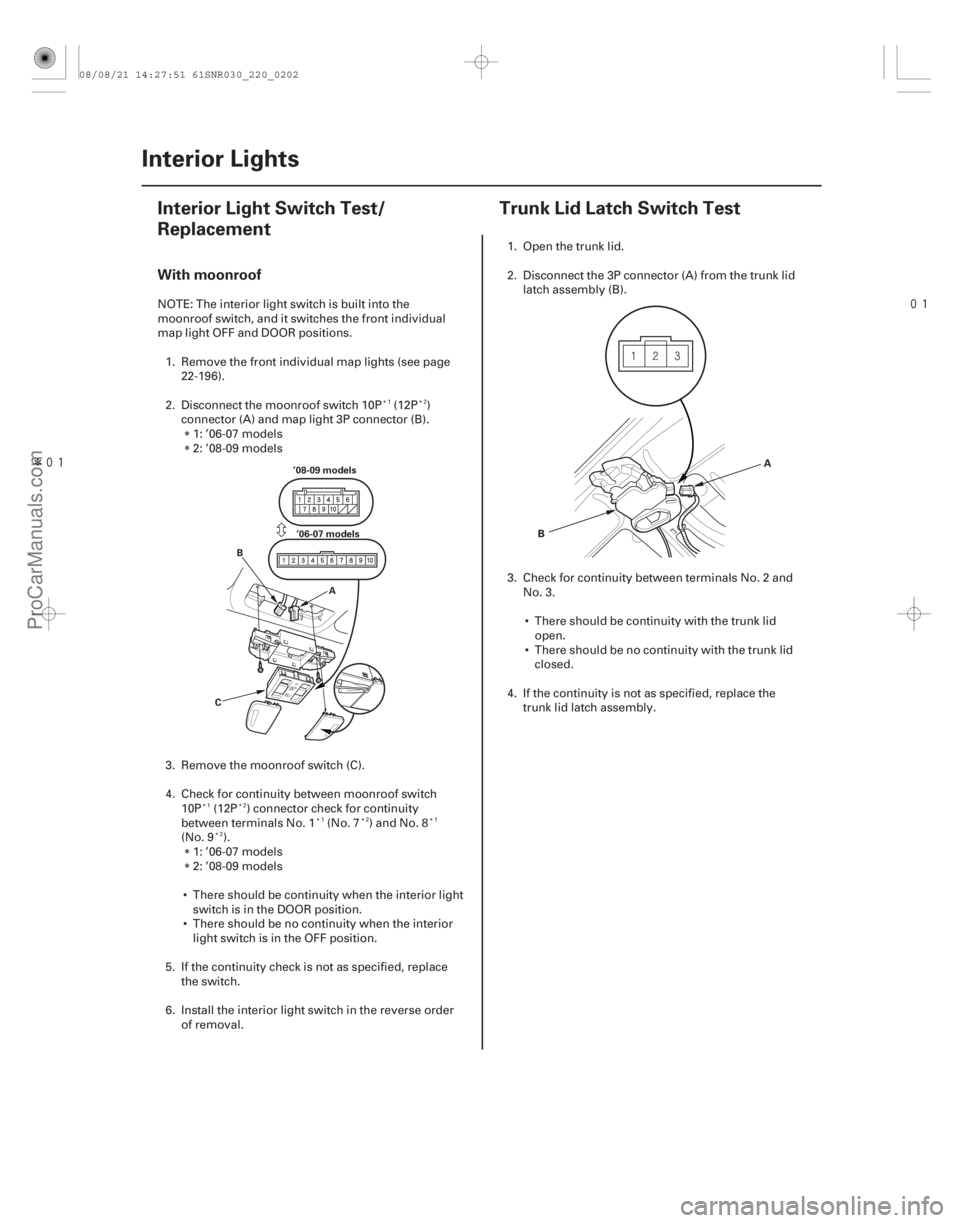 ACURA CSX 2006 Service Repair Manual Î
(#
)
(#
)
With moonroof
22-20022-200 Interior Lights
Interior Light Switch Test/
Replacement
Tru ACURA CSX 2006 Service Repair Manual Î
(#
)
(#
)
With moonroof
22-20022-200 Interior Lights
Interior Light Switch Test/
Replacement
Tru