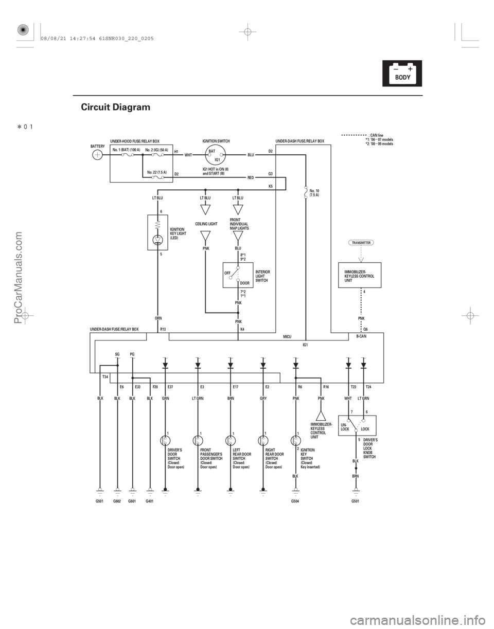 ACURA CSX 2006 Service Repair Manual Î
(#
)
µ
µ
22-203
Circuit Diagram
5 6
R13
ORN
LT BLU
BLK5
7
G501 LOCK
WHT
T23
BRN T24
LT GRN
6
4
UNDER-DASH FUSE/RELAY BOX 7*2
1*1 8*1
9*2K5
G3 D ACURA CSX 2006 Service Repair Manual Î
(#
)
µ
µ
22-203
Circuit Diagram
5 6
R13
ORN
LT BLU
BLK5
7
G501 LOCK
WHT
T23
BRN T24
LT GRN
6
4
UNDER-DASH FUSE/RELAY BOX 7*2
1*1 8*1
9*2K5
G3 D