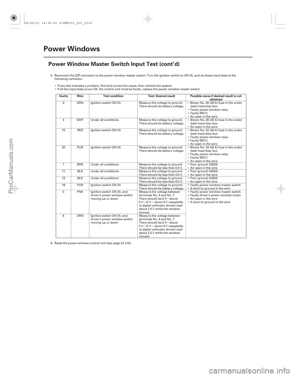 ACURA CSX 2006 Service Repair Manual µ
µµ
µ
µµ
Cavity Wire Test condition Test: Desired result Possible cause if desired result is not
obtained
22-216Power Windows
Power Window Master Switch Input Test (cont’d)
5. Reconnect ACURA CSX 2006 Service Repair Manual µ
µµ
µ
µµ
Cavity Wire Test condition Test: Desired result Possible cause if desired result is not
obtained
22-216Power Windows
Power Window Master Switch Input Test (cont’d)
5. Reconnect