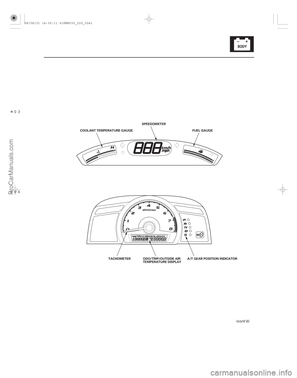 ACURA CSX 2006  Service Repair Manual Î
Î
22-239
COOLANT TEMPERATURE GAUGESPEEDOMETER
FUEL GAUGE
TACHOMETER ODO/TRIP/OUTSIDE AIR
TEMPERATURE DISPLAY A/T GEAR POSITION INDICATOR
(cont’d)
08/08/21 14:35:11 61SNR030_220_0241
Pr