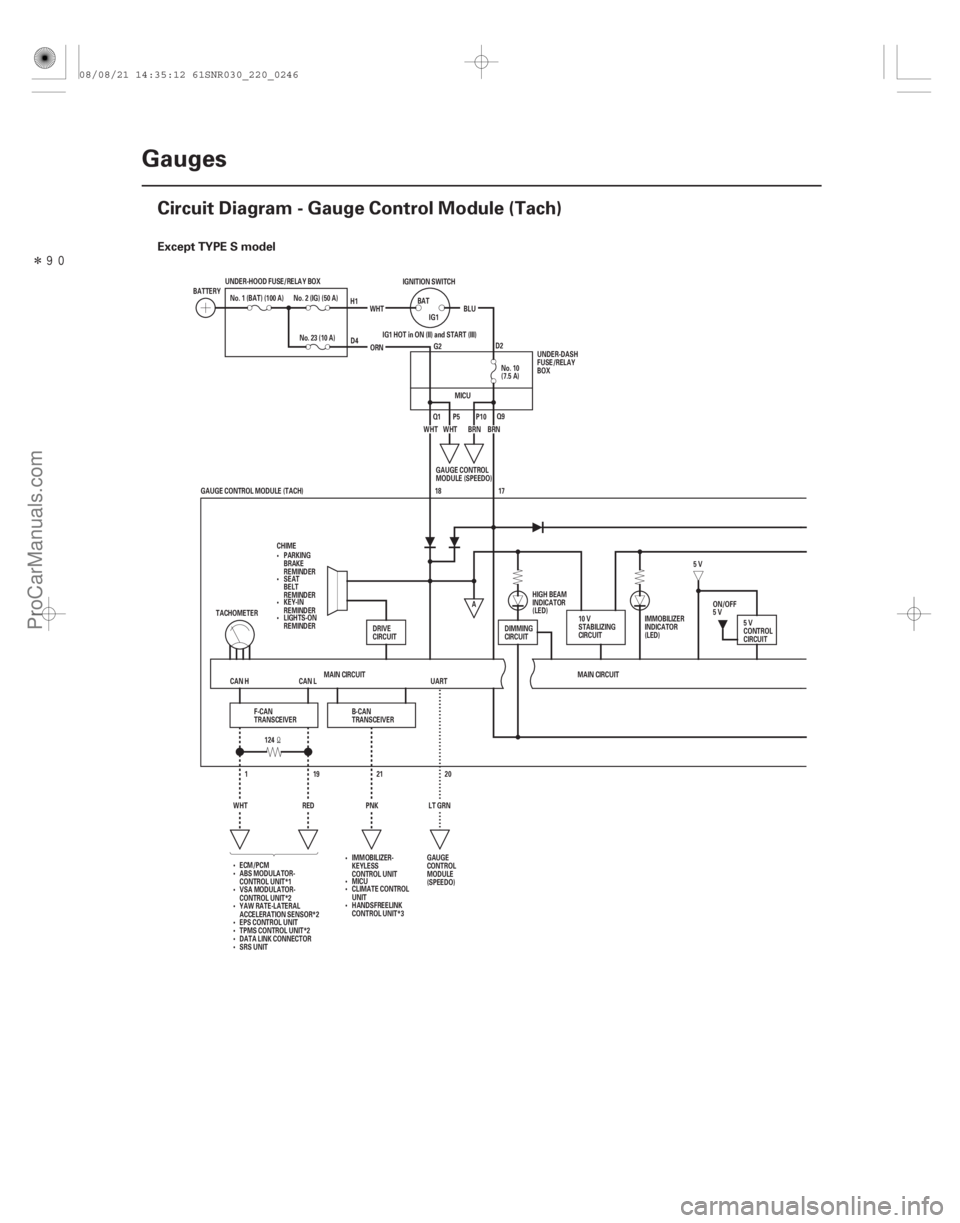 ACURA CSX 2006 Service Repair Manual Î
(#
)
Except TYPE S model
22-244Gauges
Circuit Diagram - Gauge Control Module (Tach)
UART
WHT
IG1 HOT in ON (II) and START (III)
UNDER-HOOD FUSE/REL ACURA CSX 2006 Service Repair Manual Î
(#
)
Except TYPE S model
22-244Gauges
Circuit Diagram - Gauge Control Module (Tach)
UART
WHT
IG1 HOT in ON (II) and START (III)
UNDER-HOOD FUSE/REL