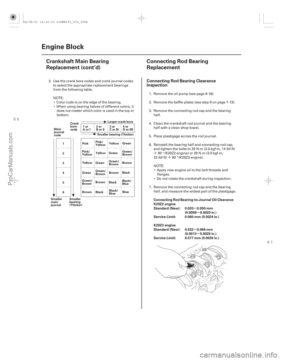ACURA CSX 2006 Service Repair Manual
´´
(#
)
µ
µ
µ µ
Connecting Rod Bearing Clearance
Inspection
Connecting Rod Bearing-to-Journal Oil Clearance
K20Z2 engine
Standard (Ne ACURA CSX 2006 Service Repair Manual
´´
(#
)
µ
µ
µ µ
Connecting Rod Bearing Clearance
Inspection
Connecting Rod Bearing-to-Journal Oil Clearance
K20Z2 engine
Standard (Ne