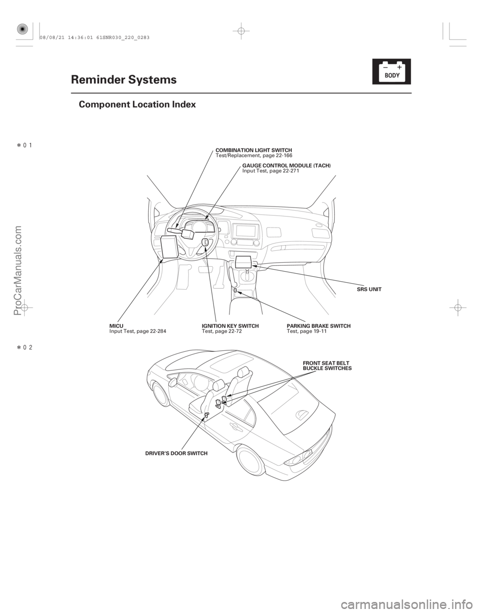 ACURA CSX 2006  Service Repair Manual Î
Î(#

)
22-281
Reminder Systems
Component Location Index
GAUGE CONTROL MODULE (TACH)
MICU COMBINATION LIGHT SWITCH
IGNITION KEY SWITCH PARKING